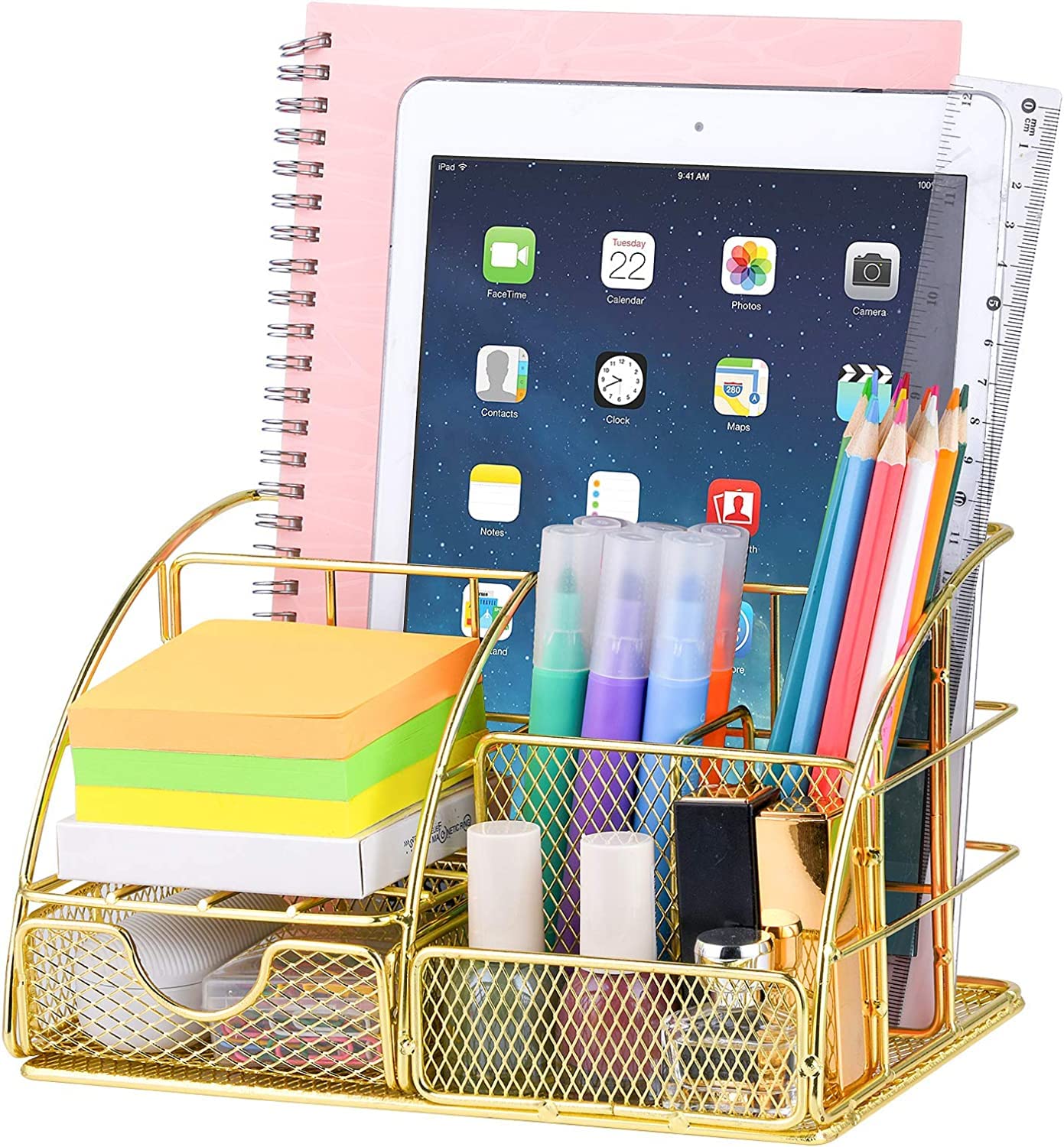 Kiwilon Desk Organiser For Office Table I Desktop Organizer For Study Table I 6 Compartment Metal Mesh Stationary Holder I Aesthetic Multi-Purpose Cosmetic Organizer For Vanity Desk (Gold)
