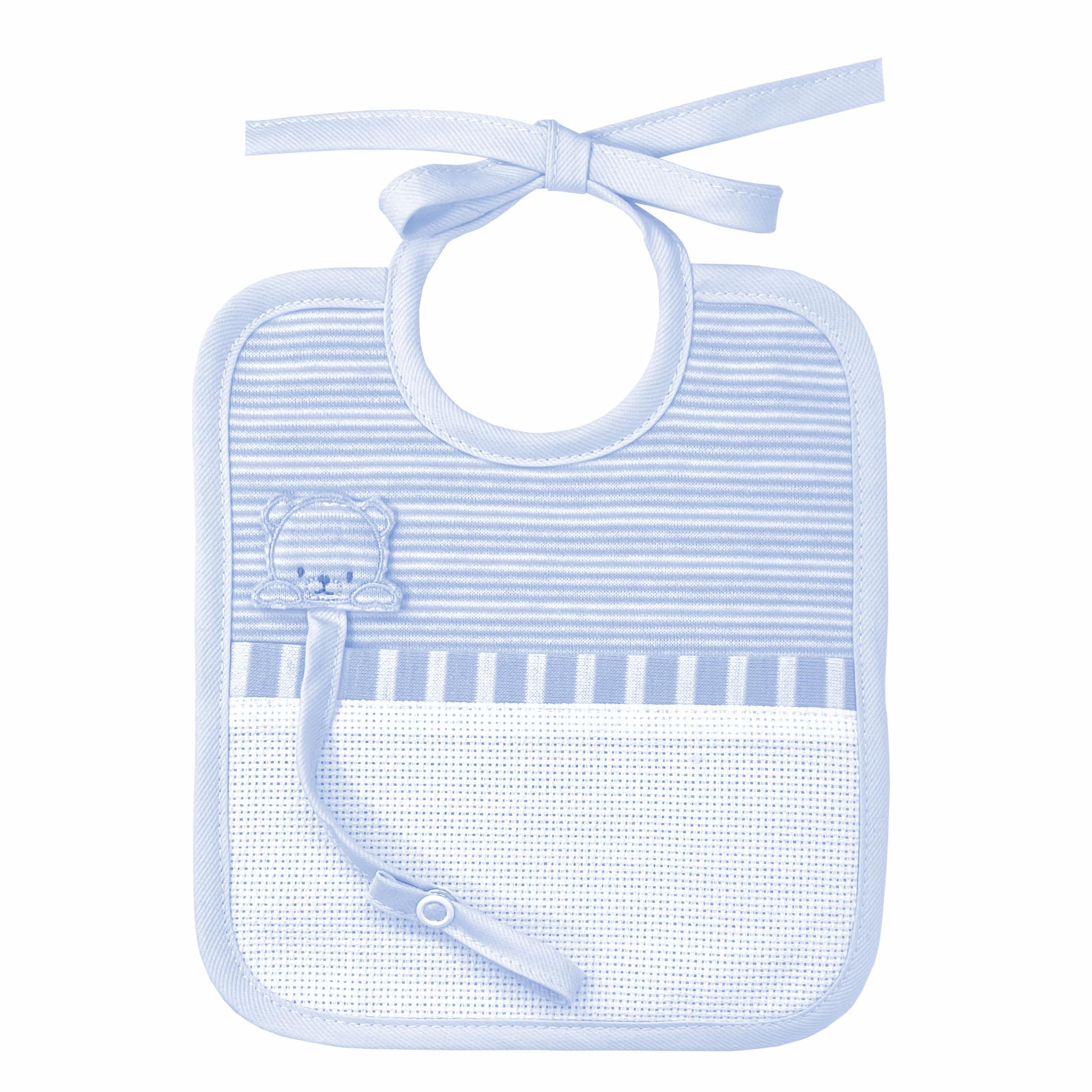 Filet - Bib Made of Soft Striped Fabric with Pacifier Holder and Aida Pocket to Embroider, Ideal for Babies, 100% Made in Italy, Sky and White Color