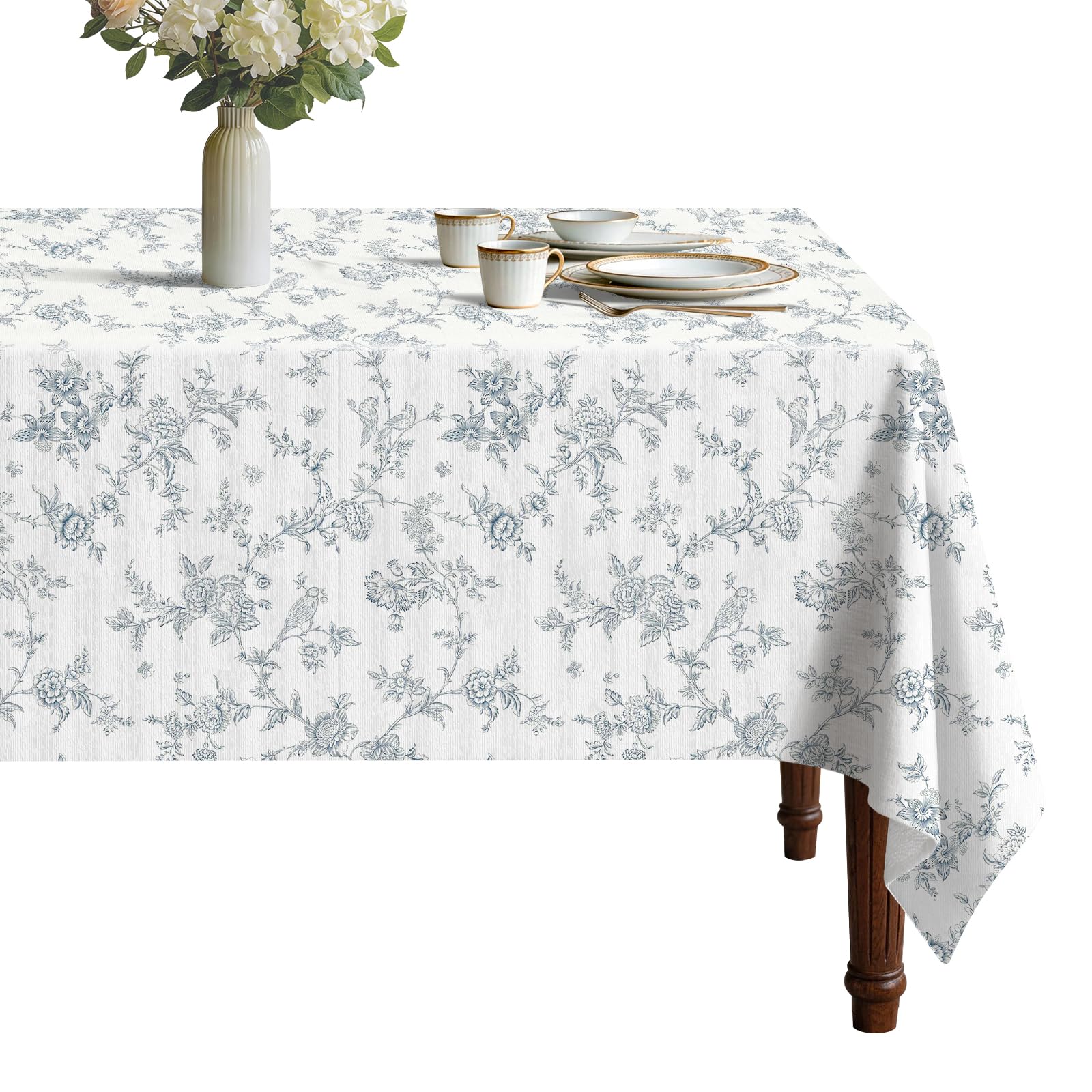 viaowan French Toile Vinyl Tablecloth with Flannel Backing for Rectangle Tables, Waterproof Stain Resistant Non-Slip Wipeable Table Cover for Kitchen Dining Picnic Party 60 x 84 Inch