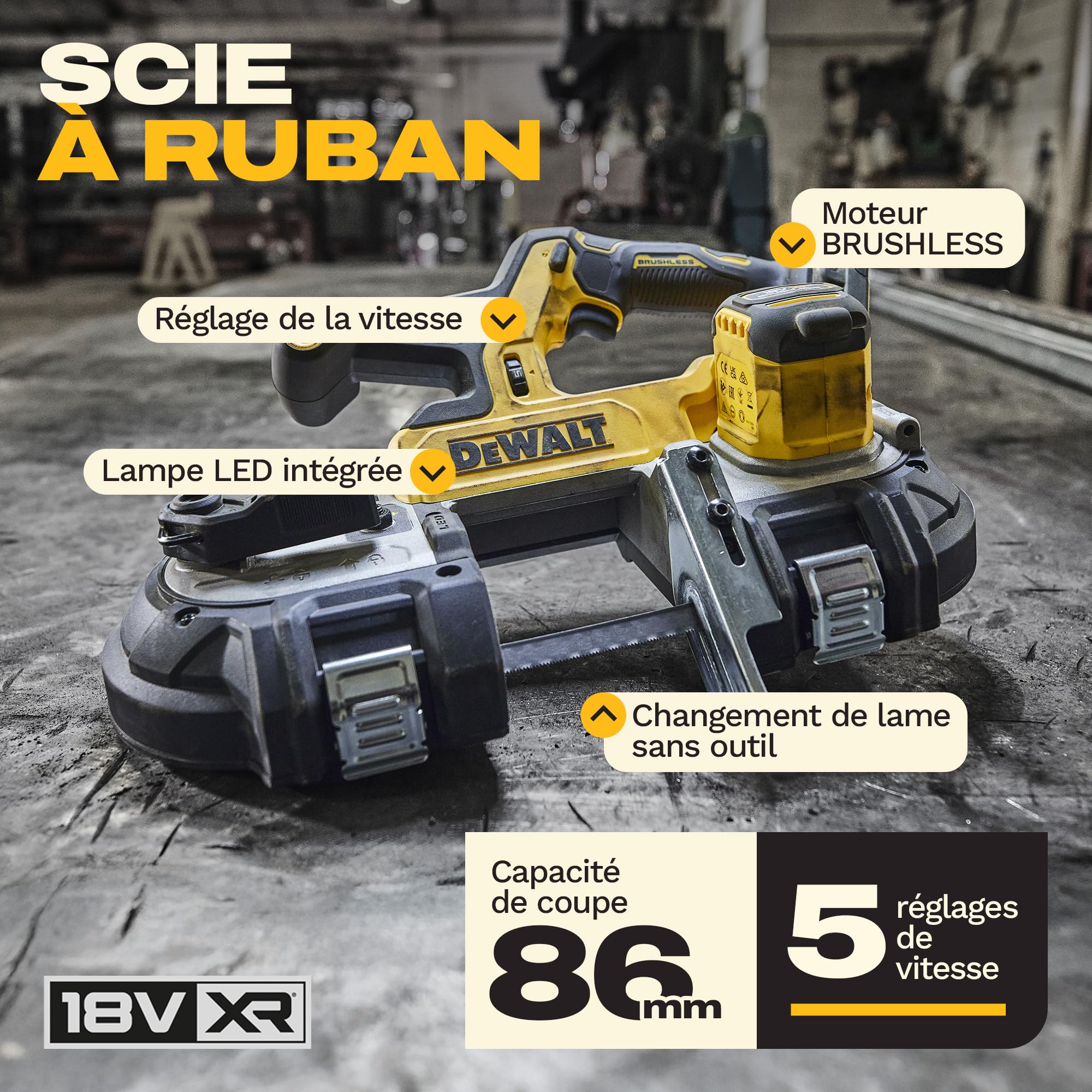 DEWALT Scie à ruban compacte 18V XR Brushless, outil seul, DCS378N-XJ