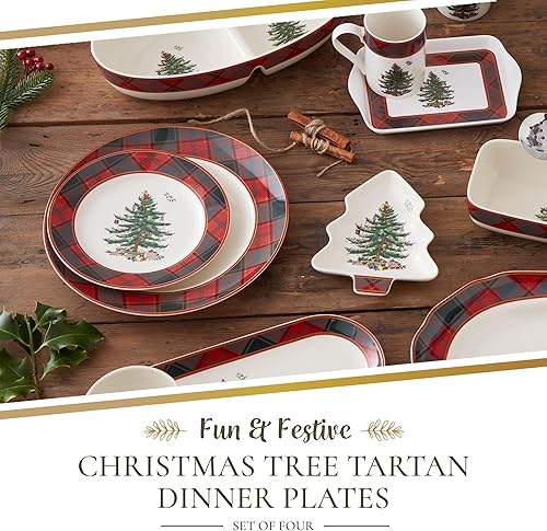 Miniatura 2 de Spode Platos llanos de tartán de árbol de Navidad  Platos de cena de Navidad  Loza fina  Platos grandes para vacaciones  Aptos para lavavajillas y
