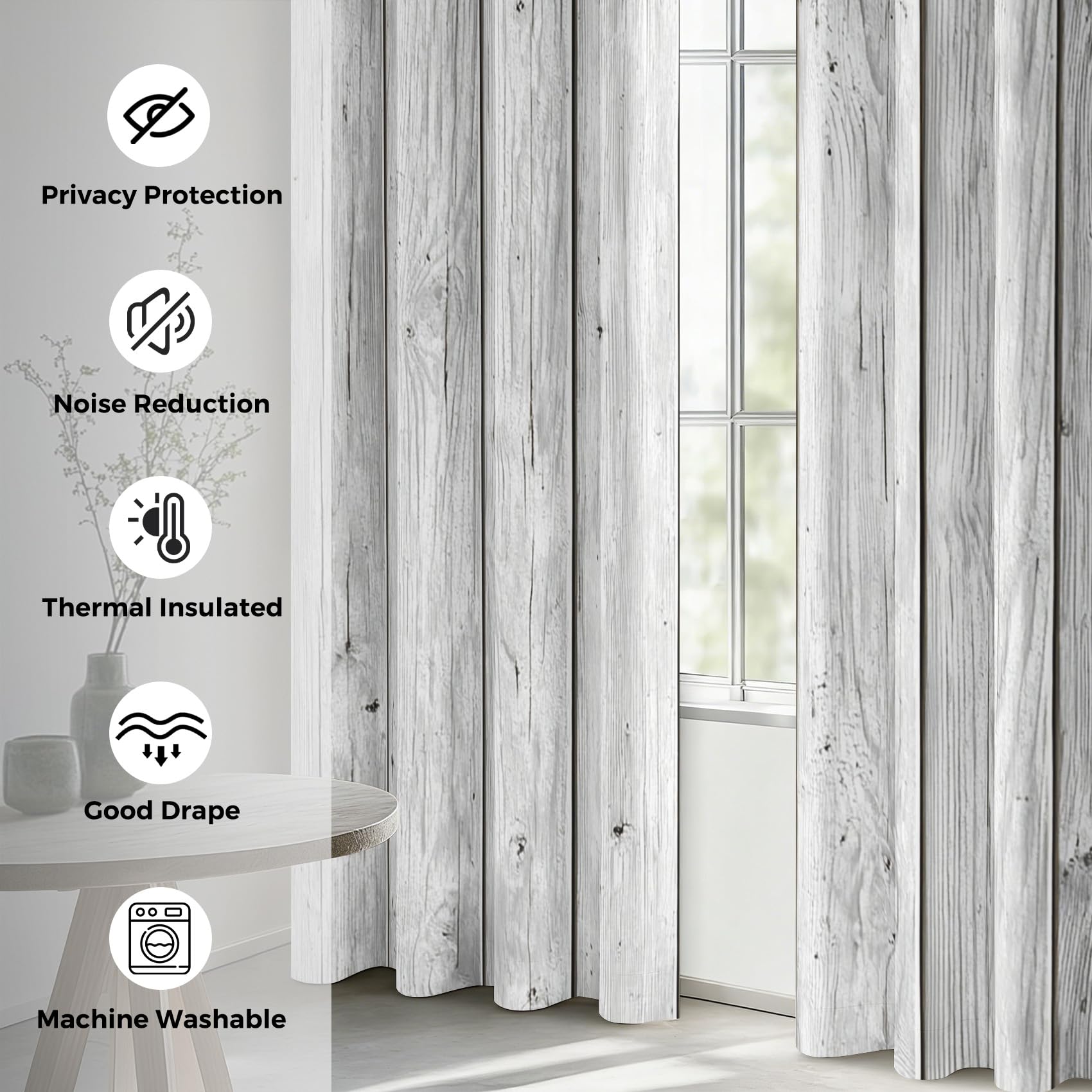 Générique Rideau Occultant Planche de Bois, Rideaux Motif Planche en Bois Blanc, Lot de 2 Rideau et Draperies Intérieurs à Oeillets, Rideaux pour Cuisine Chambre Salon, 75x166 cm (LxH) B-D124