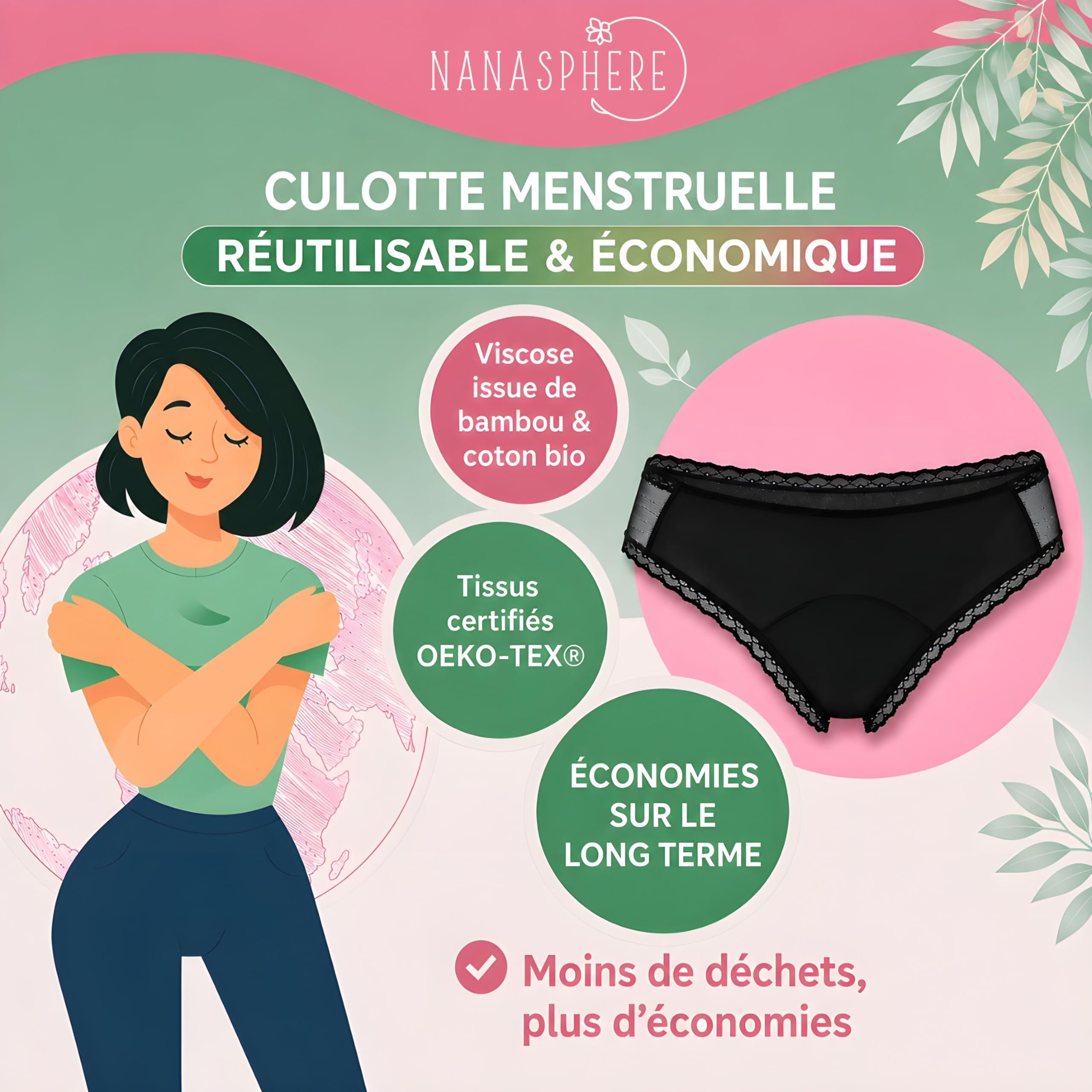 Lot 3 Culottes Menstruelles Ultra Absorbante Coton Bio + Sac Lavage | Flux Abondant sous Vêtement Lavable Réutilisable Règles Fuites Post Accouchement Adolescente