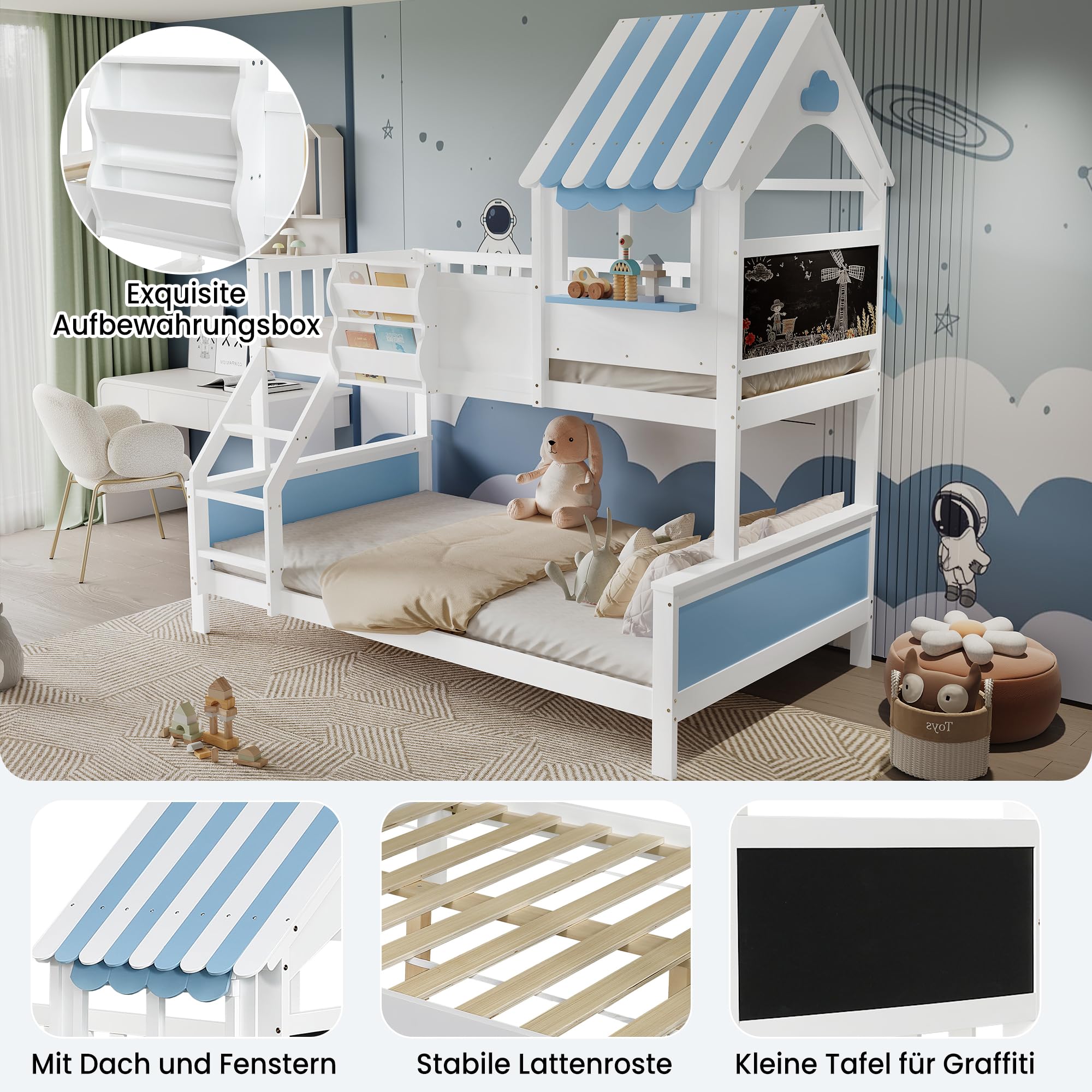 Litera Infantil con Cajón de Almacenamiento | Escalera Inclinada 3 Peldaños + Diseño Ventana Única | Tablero Grafiti Lateral | Estructura Pino+MDF | Blanco/Azul | 90x200cm y 120x200cm