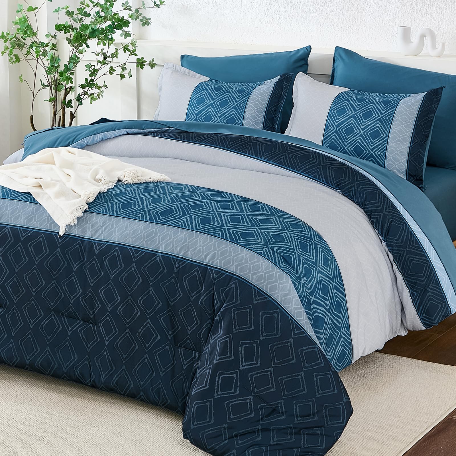 Dinjoy Queen Comforter Set Navy Blue, 7 Piece Boho Bed in a Bag Queen Size Striped Fall Bedding Sets Comforters with Plaid Bed Set with Sheets for