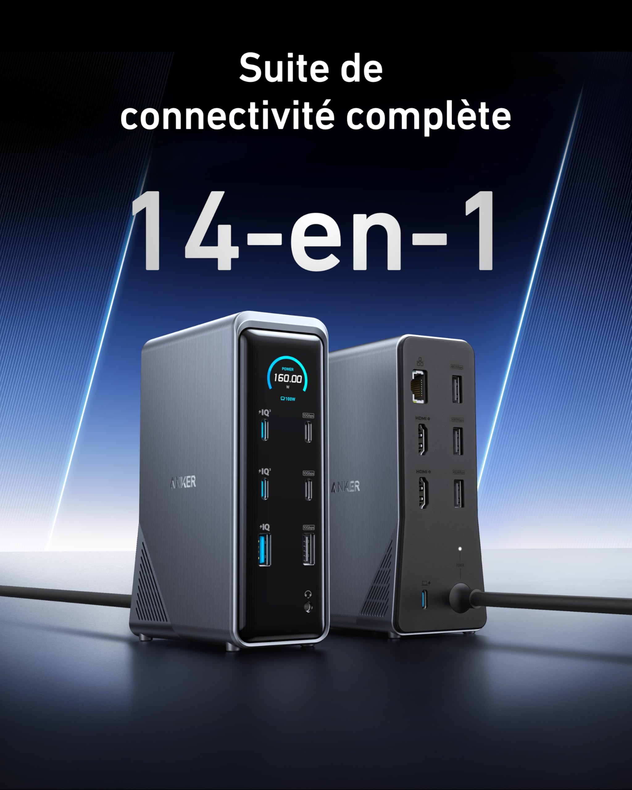 Anker Prime Station d'accueil 160W, 14 Ports, Transfert 10 Gbit/s, Interface Intelligente, Ports Audio/Ethernet, Double 4K pour Dell, MacBook et Plus