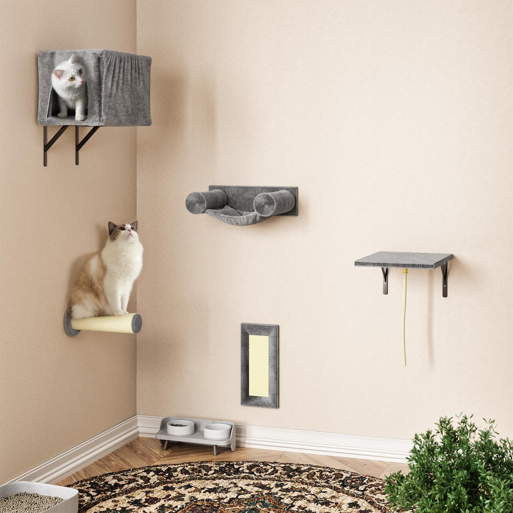 KAMABOKO Cat Wall Furniture, Wall Mounted Cat Climber, 5pcs Cats Wall Shelves, Cats House, Hammock, Steps, Perches, and Scratcher, Pet Furniture for Indoor - Dark Grey