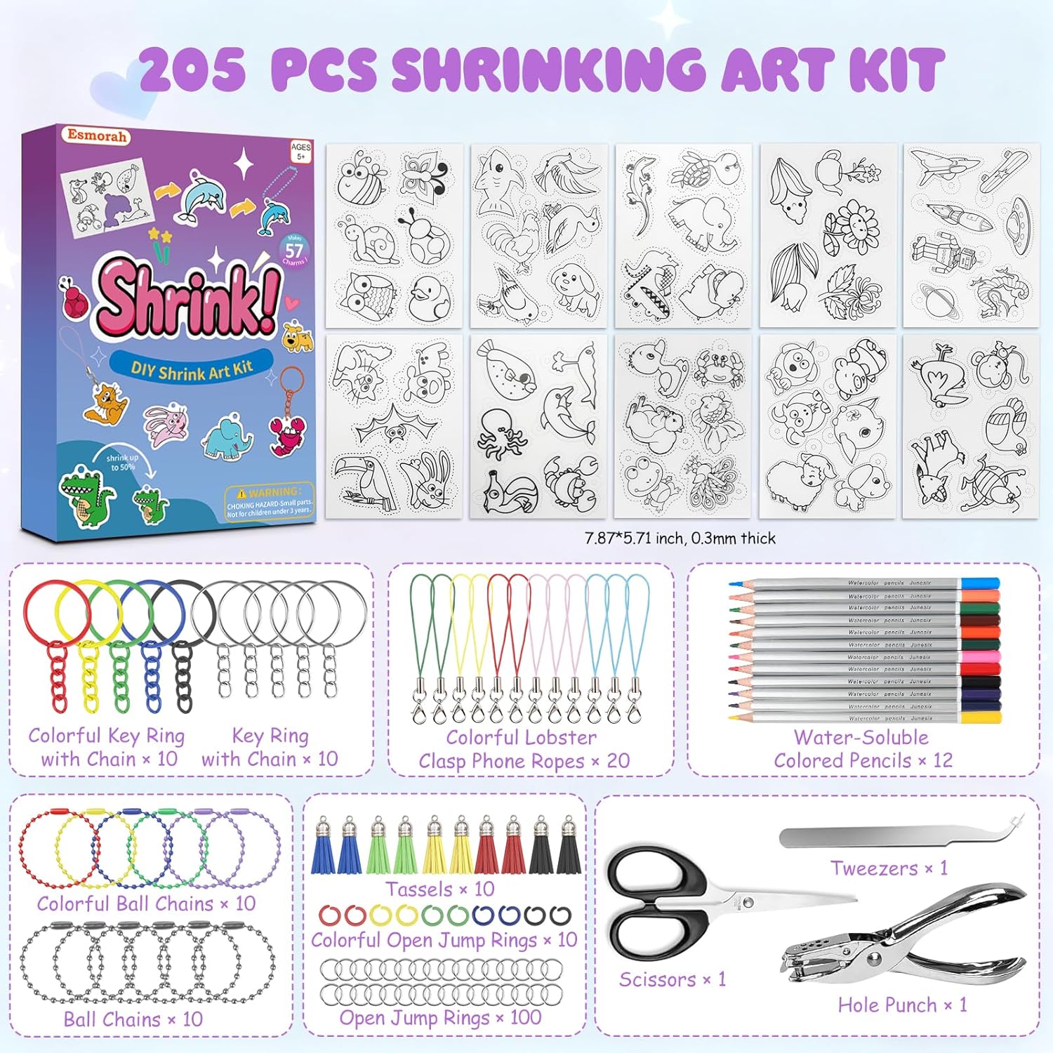 205PCS Shrink Dink Sheets Keychain Kit, Shrink Plastic Sheets with 10 Pre-Printed Shrinking Paper, 12 Colored Pencils, Scissors, Hole Punch & 181PCS Accessories for Kids Crafts, Back-to-School Gift