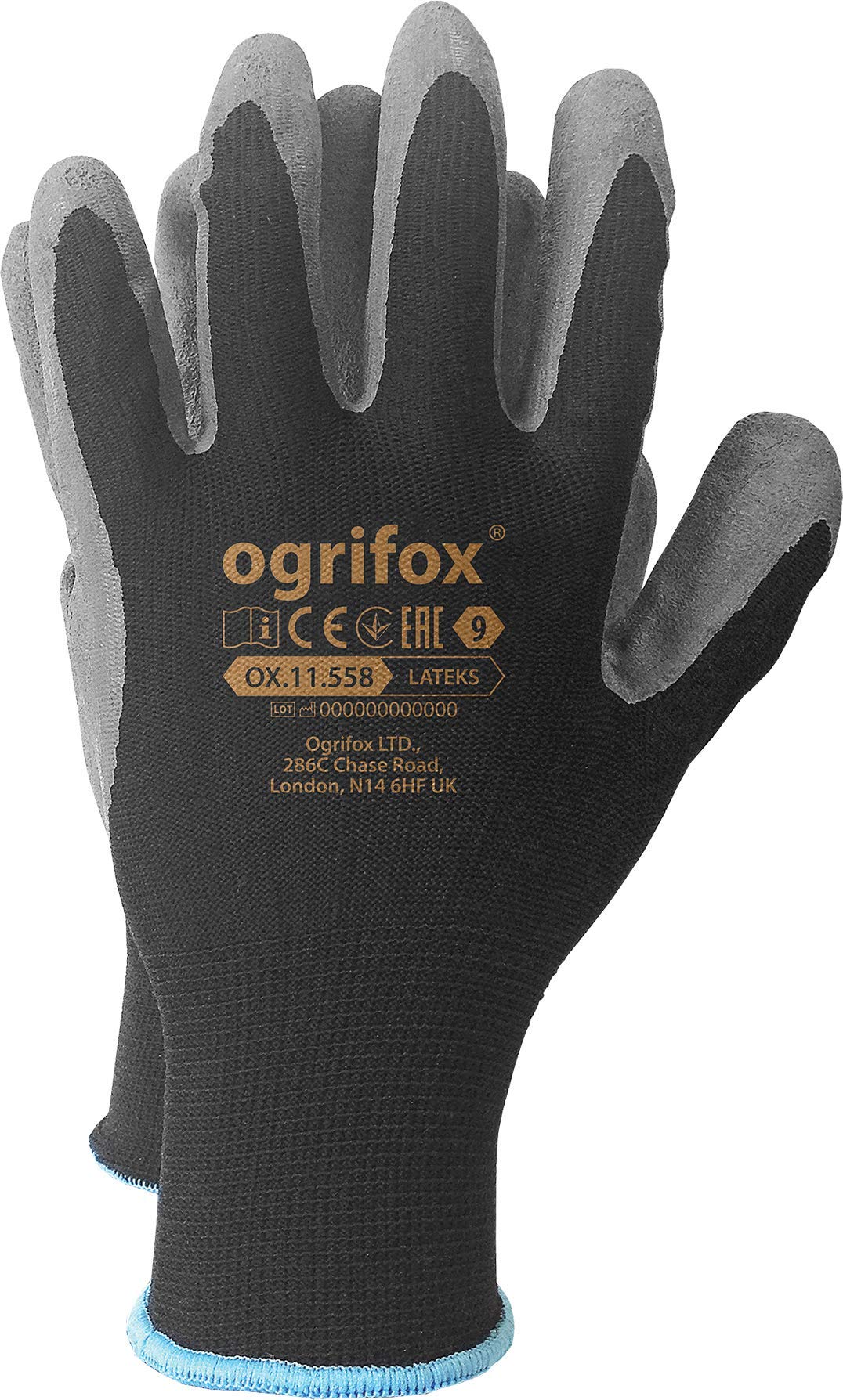 Ogrifox OX-LATEKS_BS Rękawice Lateksowe, Rękawice Ochronne, Rękawice Robocze, Czarno-Szare, Rozmiar 9, 240 Par