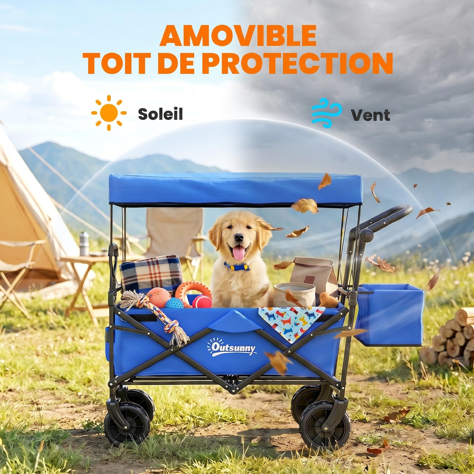 Outsunny Chariot de Transport Pliant avec Toit, poignée, Panier, Bleu | Chariot à roulettes plage Tout-terrain, charge 68 kg, acier Oxford