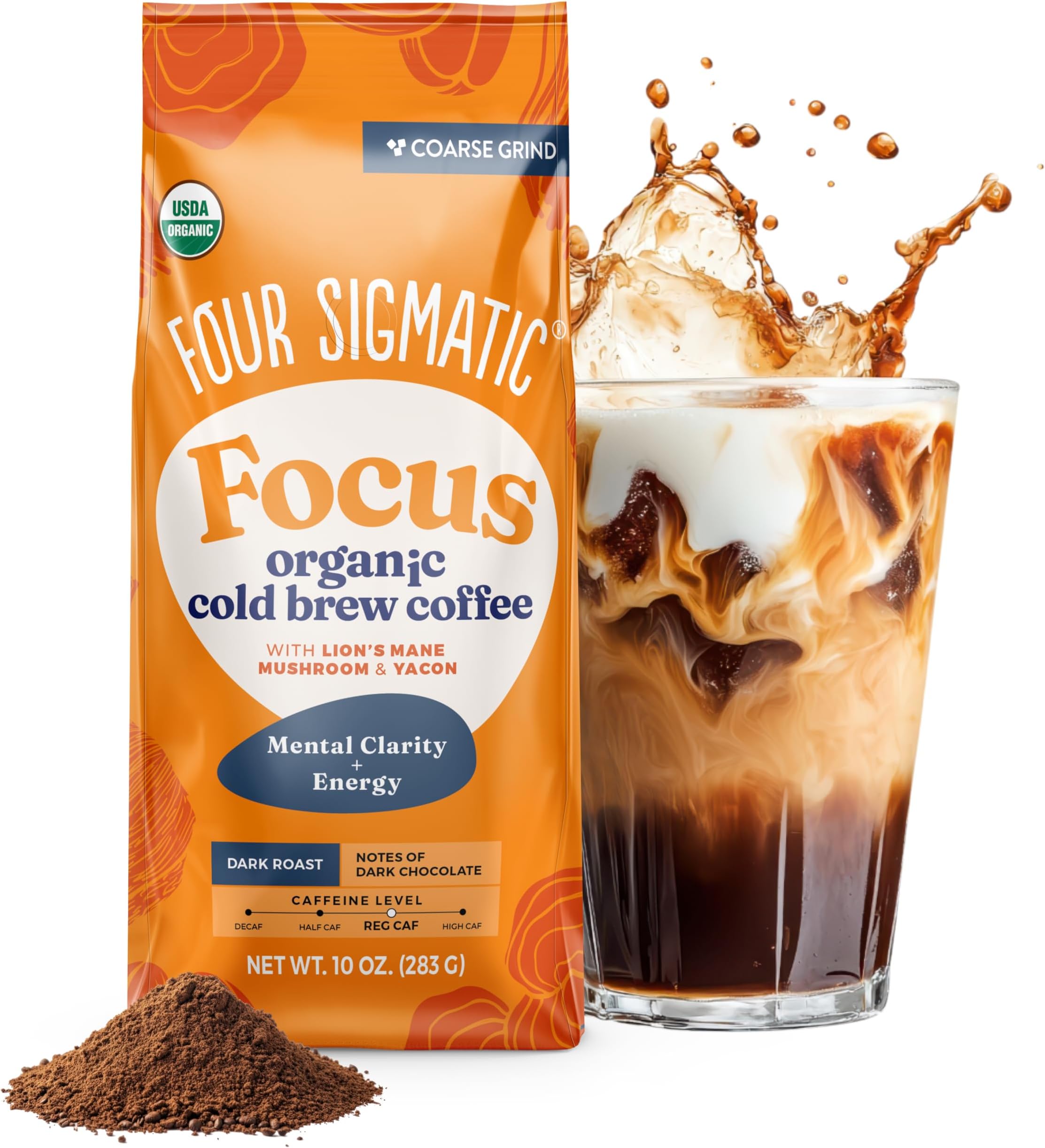 Four Sigmatic Organic Cold Brew Coffee Grounds | Dark Roast, Coarse Grounds with Lion's Mane and Chaga | Cold Brew Mushroom Coffee for Crash-Free Focus | 12 oz Bag