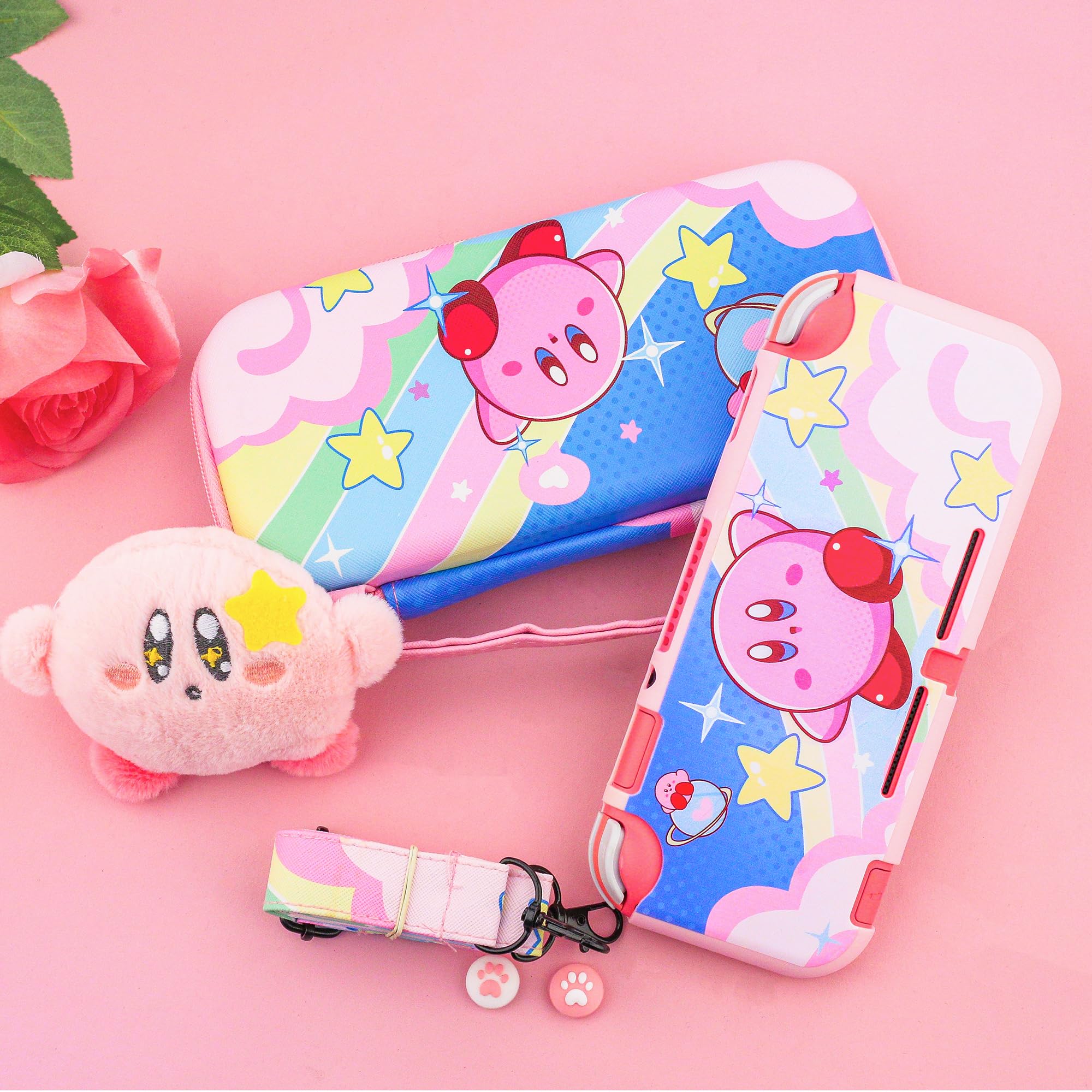 HYPERCASE Kit custodia per Switch Lite con custodia da viaggio rosa per accessori Lite, cover Softshell Switch Lite, pellicola protettiva per schermo HD, tracolla e 2 tappi per pollice Kawaii