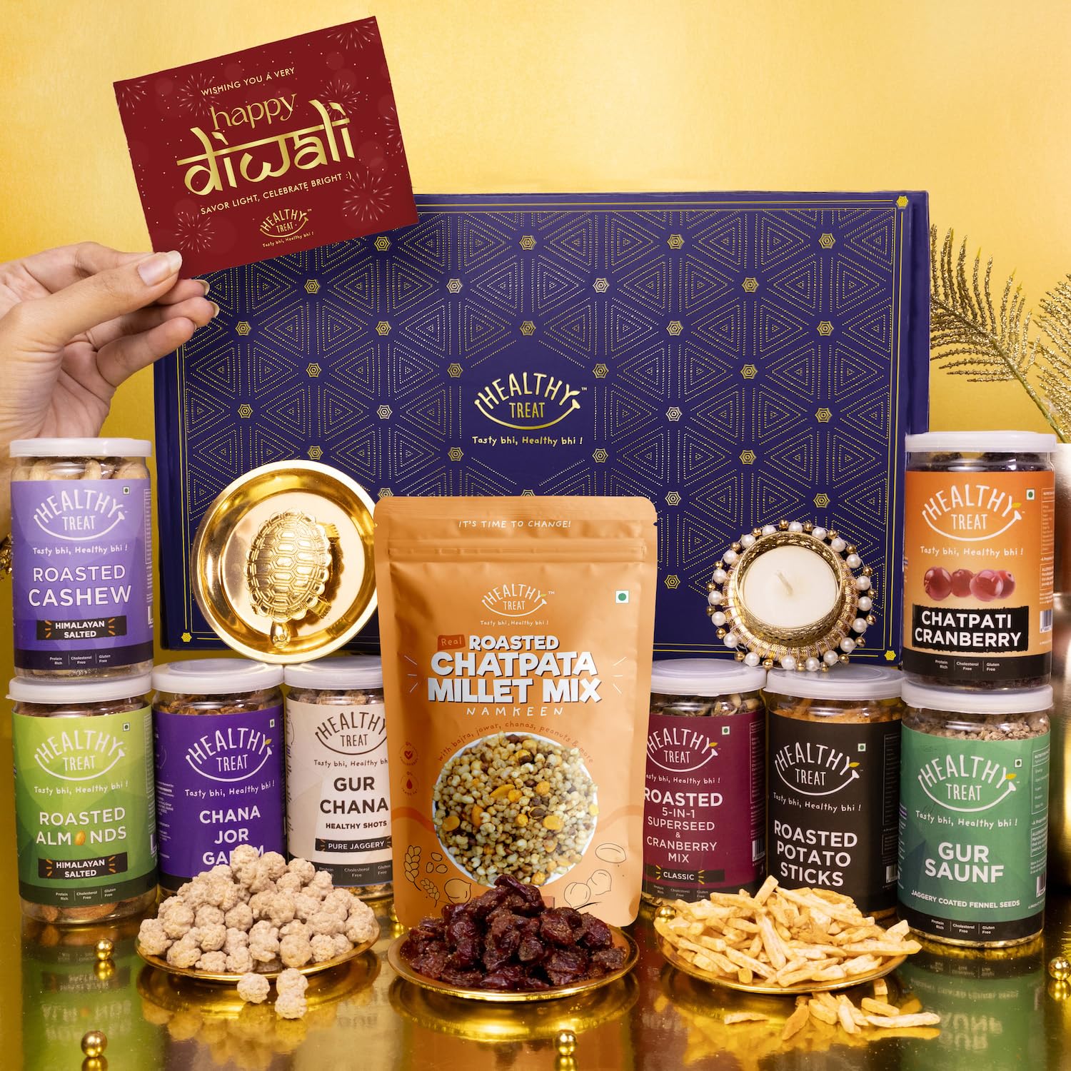 Healthy Treat Grand Diwali Gift Hamper | Roasted Dry fruits, Healthy Snacks, Diwali-Gift Box with Vastu Turtle, Brass Diya & Greeting Card | Wholesome Corporate Gifting | Deepawali Gift Hamper for Gifting