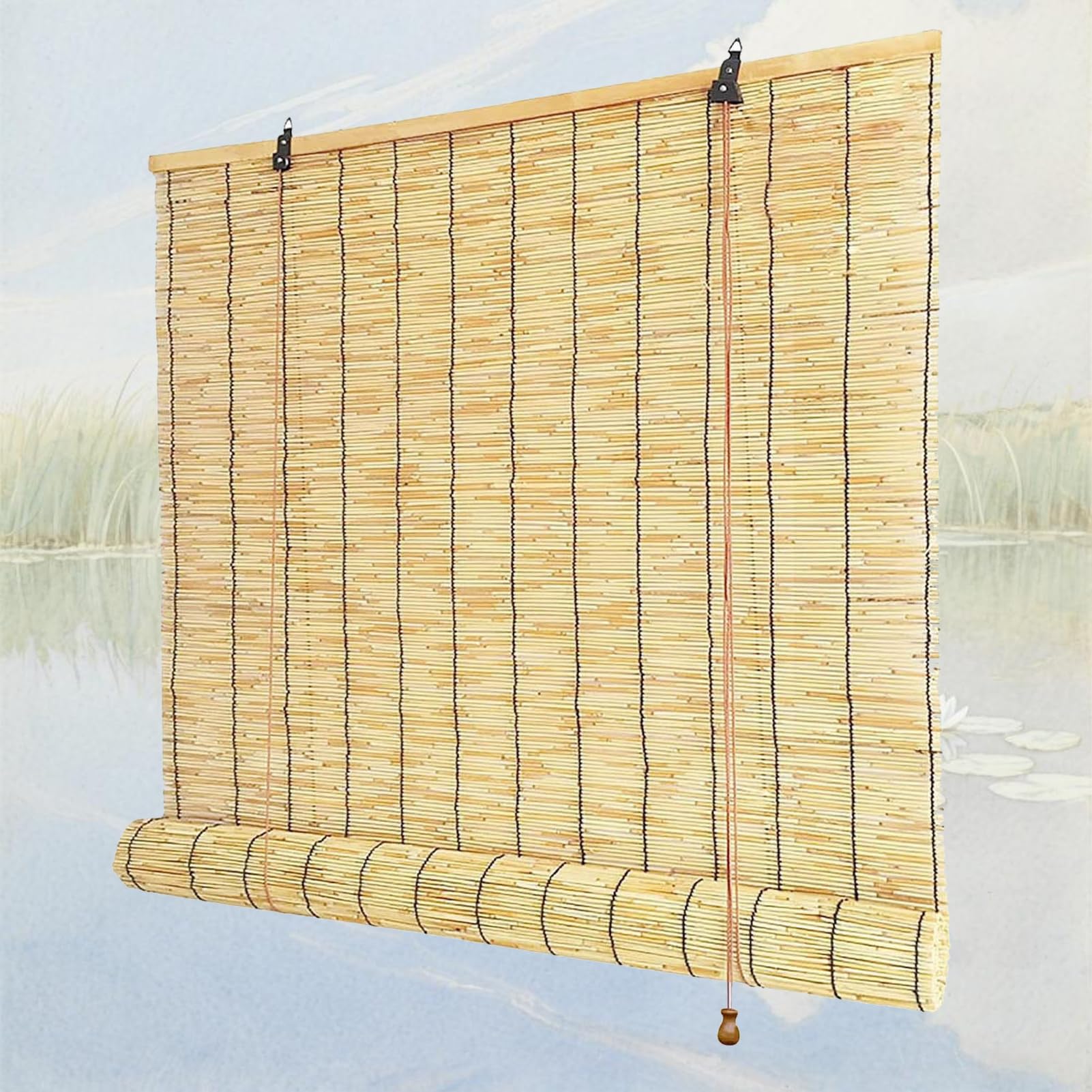 Lrisveana Bamboo Blinds Retro Roller Blinds Natural Reed Curtains Outdoor Shade with Lifter Privacy Screen Sunshade Waterproof Roman Blind for Patio Kitchen Windows Anti-UV