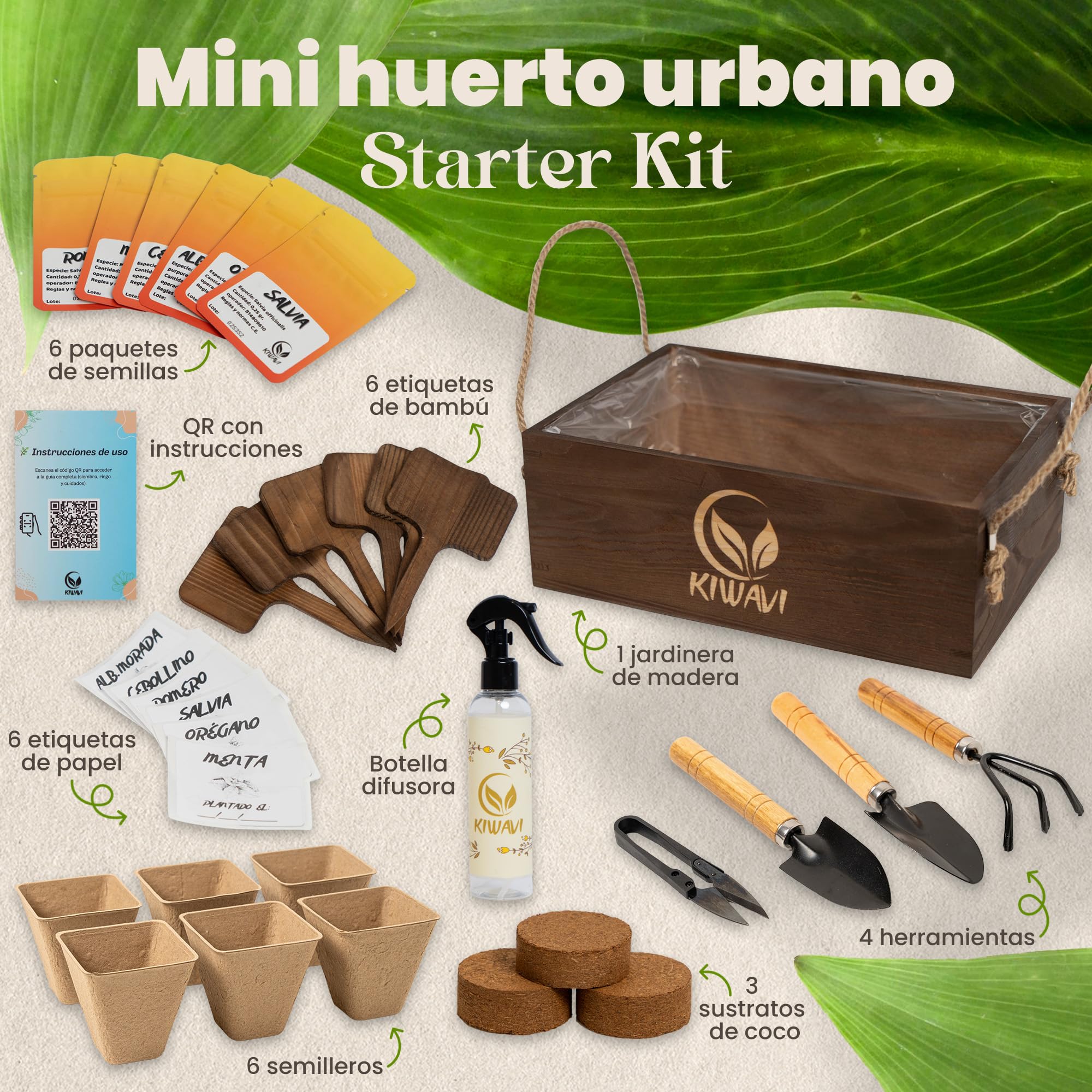 Kit de Cultivo de Plantas Aromáticas Culinarias - Mini Huerto Urbano para Interior con Romero, Menta, Albahaca Morada, Cebollino, Salvia y Orégano | Huerto en Casa