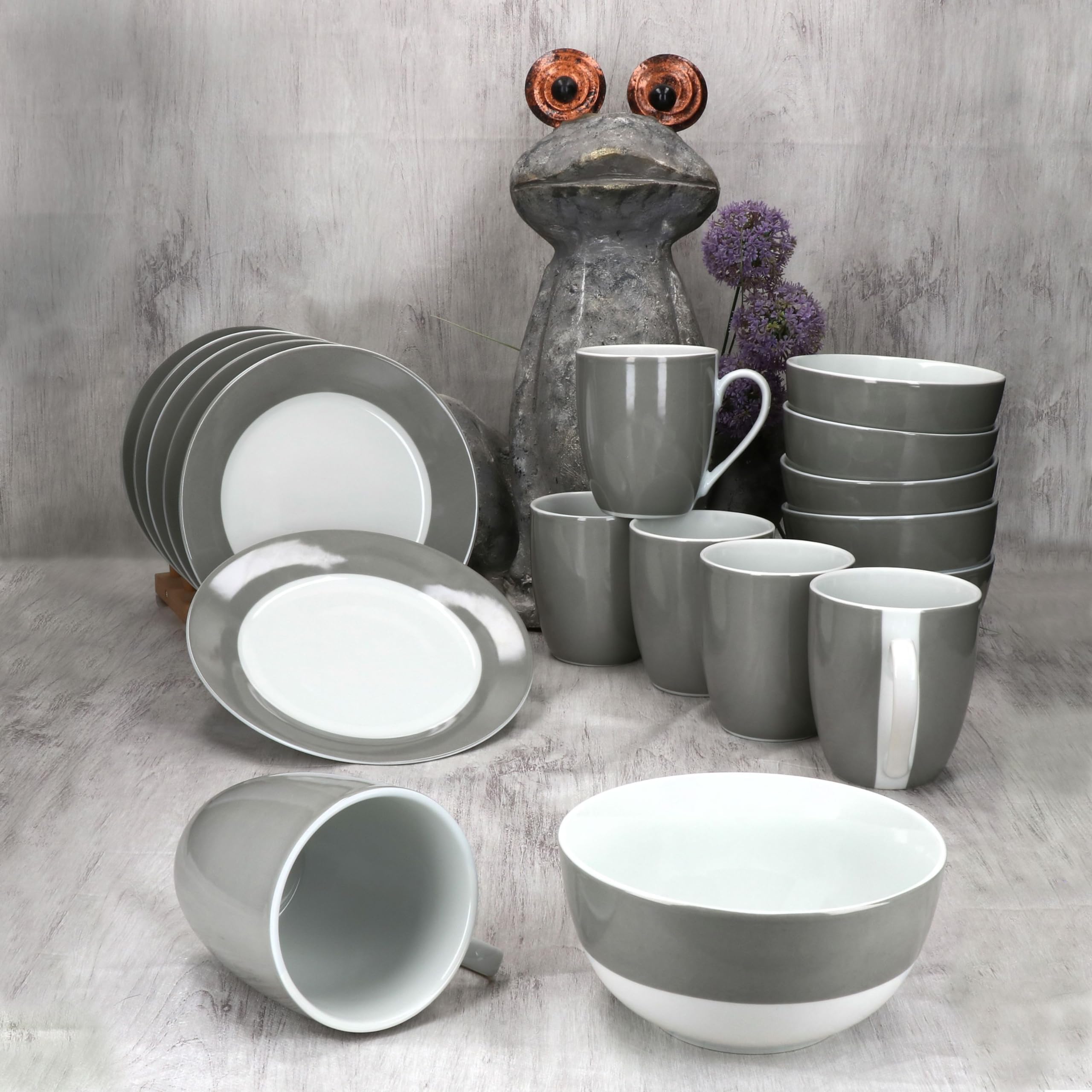 MamboCat Service de petit-déjeuner 18 pièces gris I 6 petites assiettes, bols de 450 ml et tasses à café 350 ml, hauteur 10,3 cm, pour 6 personnes, vaisselle en porcelaine pour le petit-déjeuner et le