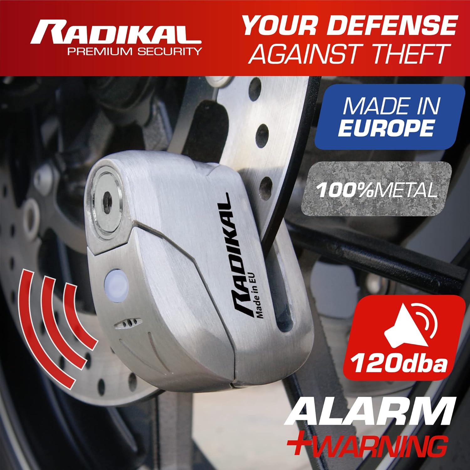 RADIKAL RK9Z Disc Lock with Premum Alarm 120db ON/OFF, LED Night Alert, Warning Pre-Alarm, 100% Waterproof, Full Metal Heavy Duty Brake Lock Universal Anti Theft Device for Motorcycle, E-Bike, Bicycle
