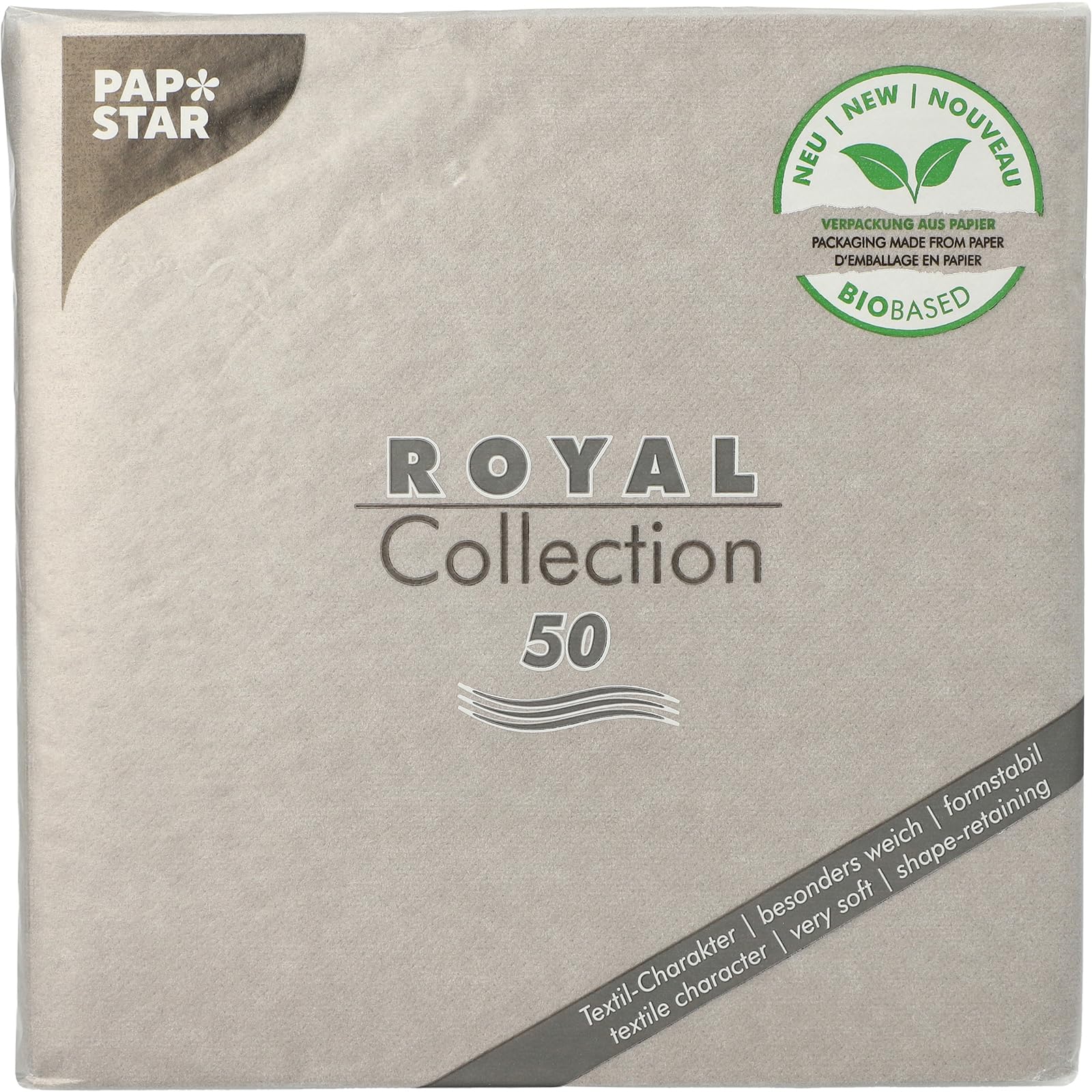 Papstar | 50 Tovaglioli Royal Collection Piegato 1/4, Dimensioni 40 cm x 40 cm, Colore Grigio, Confezione in Carta, Materiale Ovatta di Cellulosa, 50 Tovaglioli x 5 Confezioni