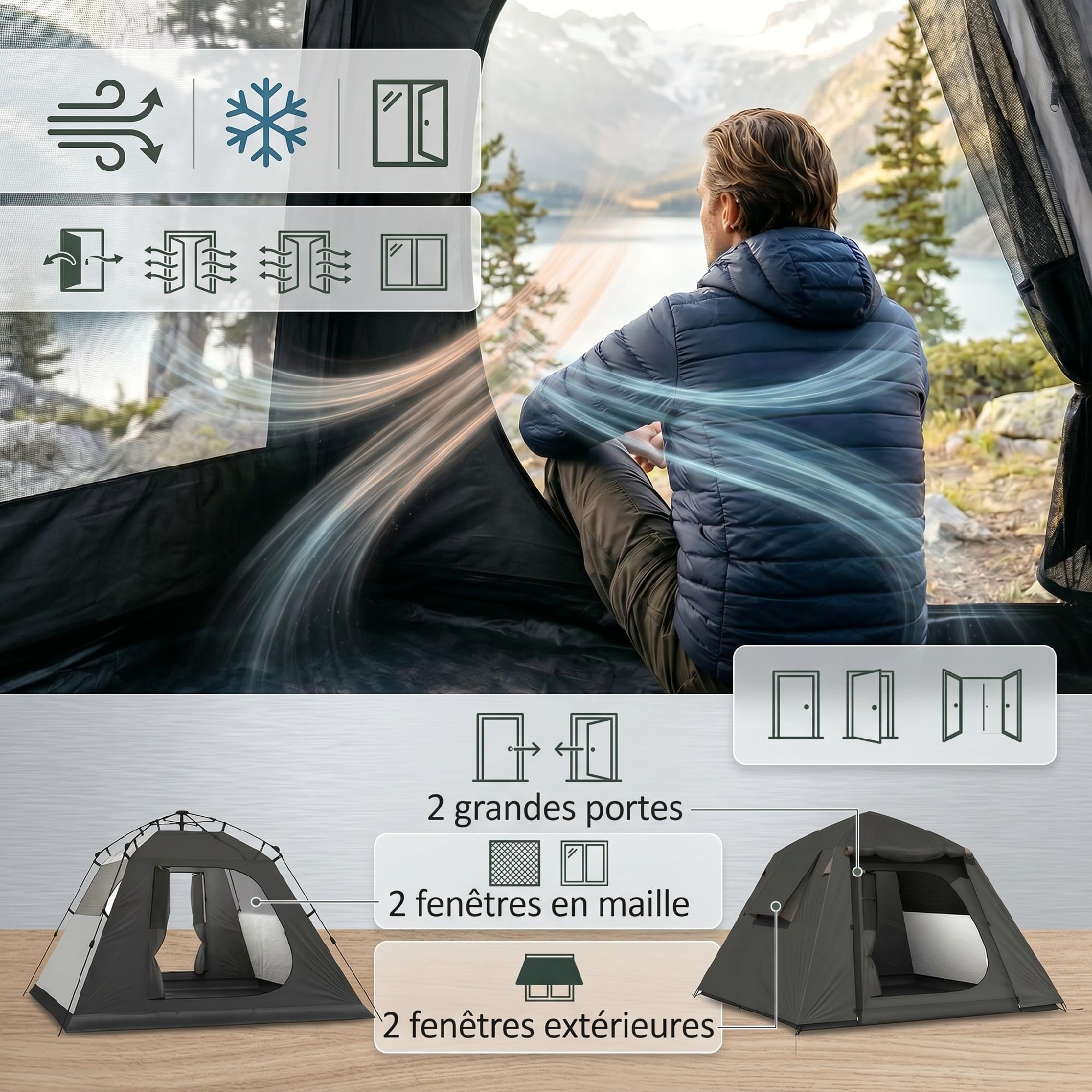 Outsunny Tente de Camping Dôme 2 Personnes Imperméable 3000mm Gris Foncé | 3-4 Saisons, Grande Hauteur 150cm, Montage Rapide, 2 Portes, Abri de Bivouac Autoportant, 22 Piquets