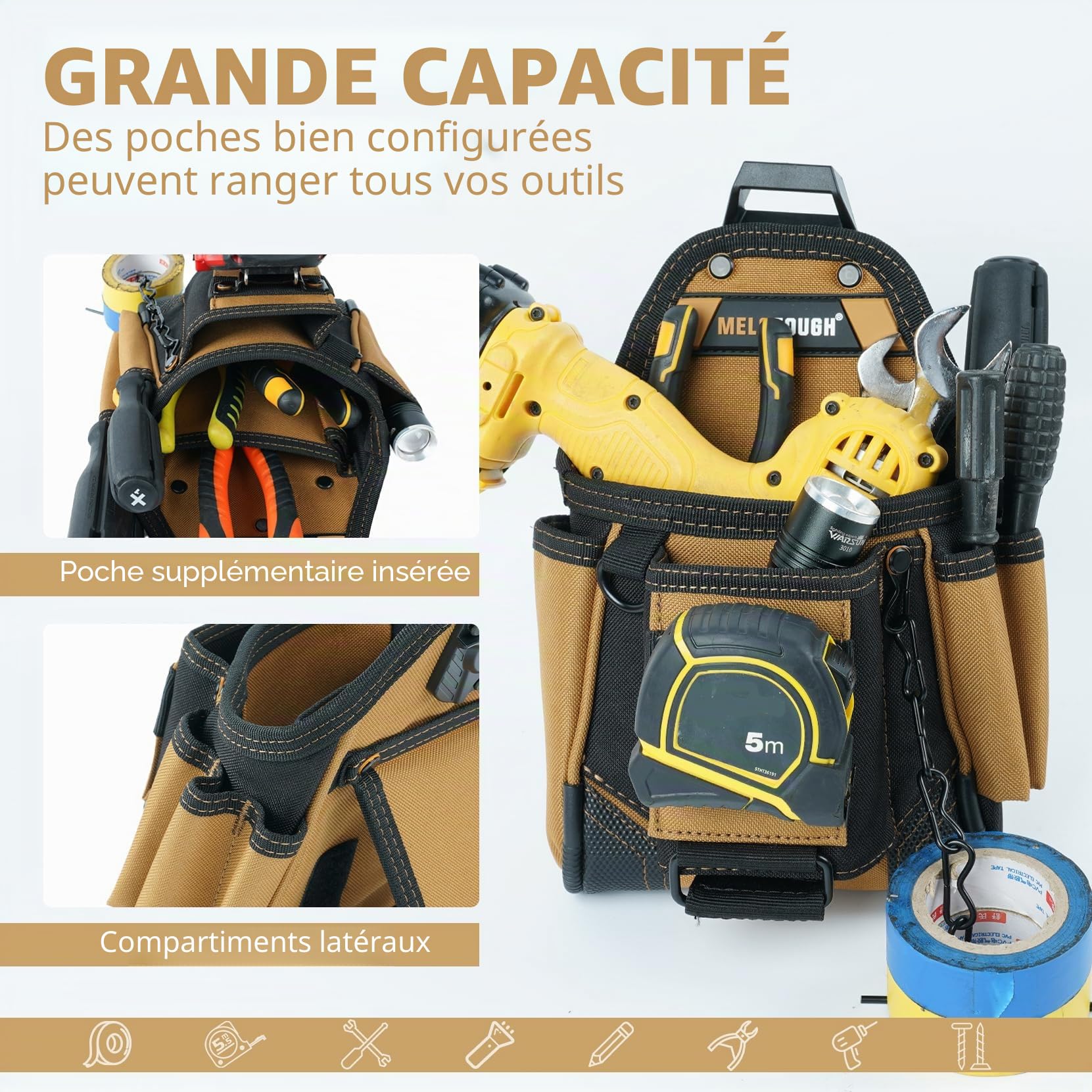 MELOTOUGH Pochette à outils avec clip de ceinture, 9 poches, sac à outils pour homme de travail, pochette avec ruban adhésif, étui à outils d'électricien