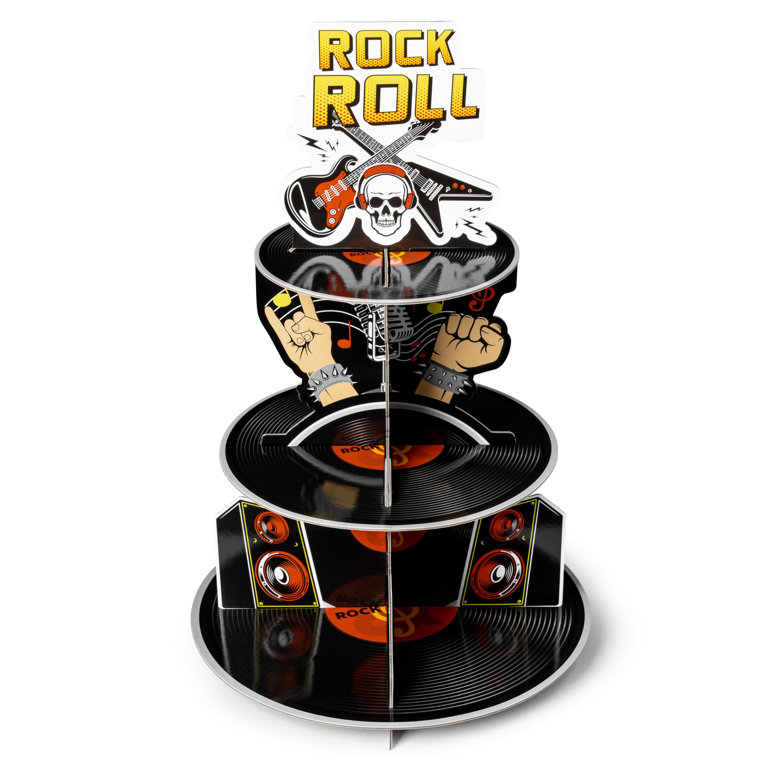 Rock and Roll Cupcake Stand - Haooryx 3-Tier Vinyl Record Musical Instrument Cupcake Tower Cardboard Dessert Holder for Rock and Roll Party Retro Theme Carnival Party Table Supplies Music Lover Gifts