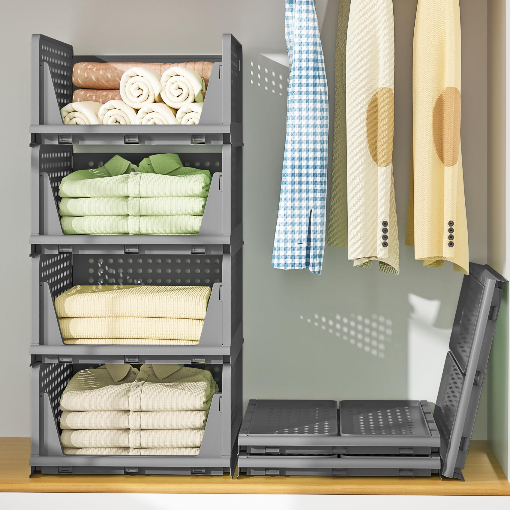 Neprock Schrank Organizer Kleiderschrank Organizer, 4 Pack Stapelbar Ordnungssystem Kleiderschrank Schubladenbox Closet Organizer Schubkasteneinsatz für Kleiderschrank Schrank Schlafzimmer, Grau