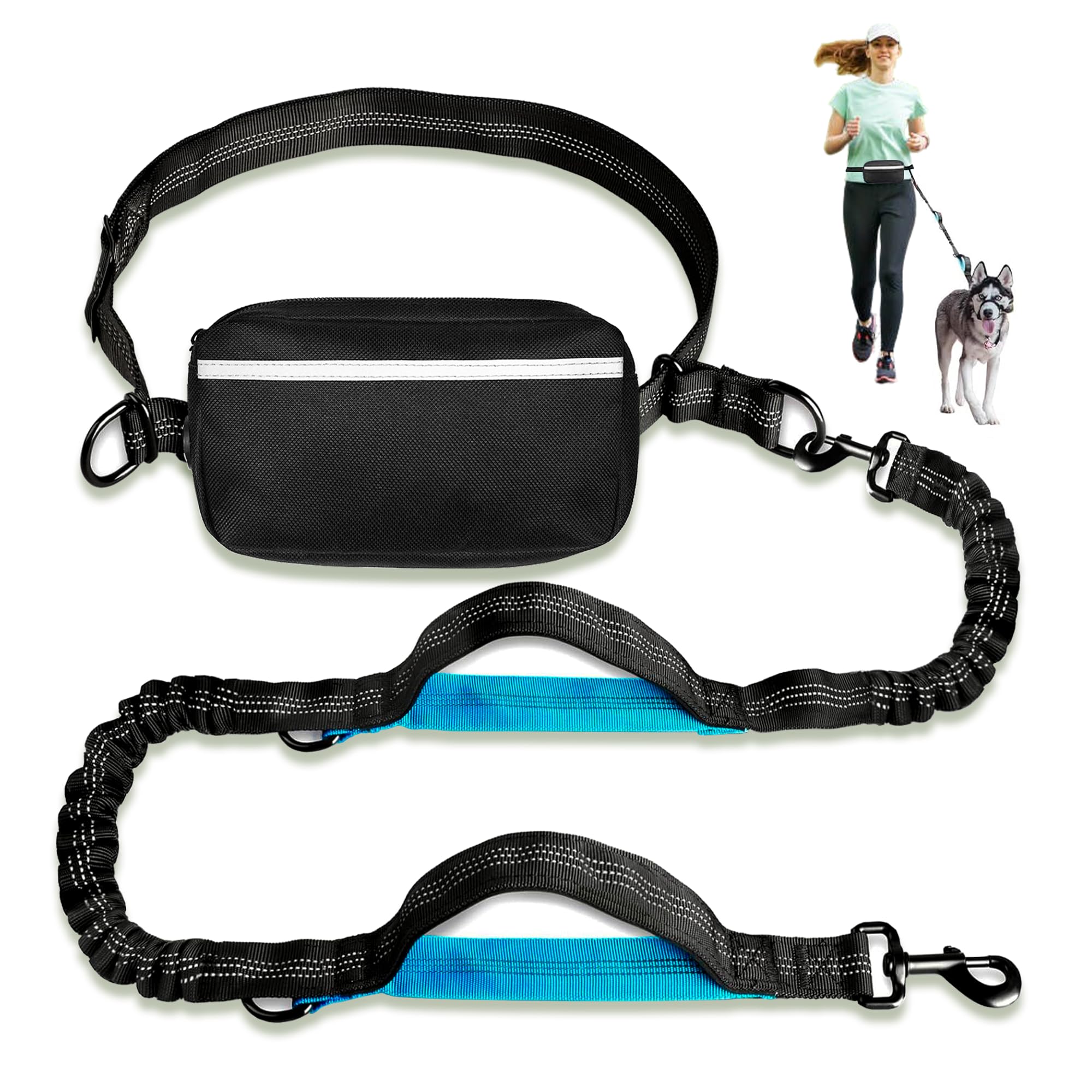 Hands Free Dog Leash Waist | Dual Padded Handles with Adjustable Belt Waist Leash for Dog Walking, Jogging, and Running Your Dog, Hands Free Leash with Storage Pouch