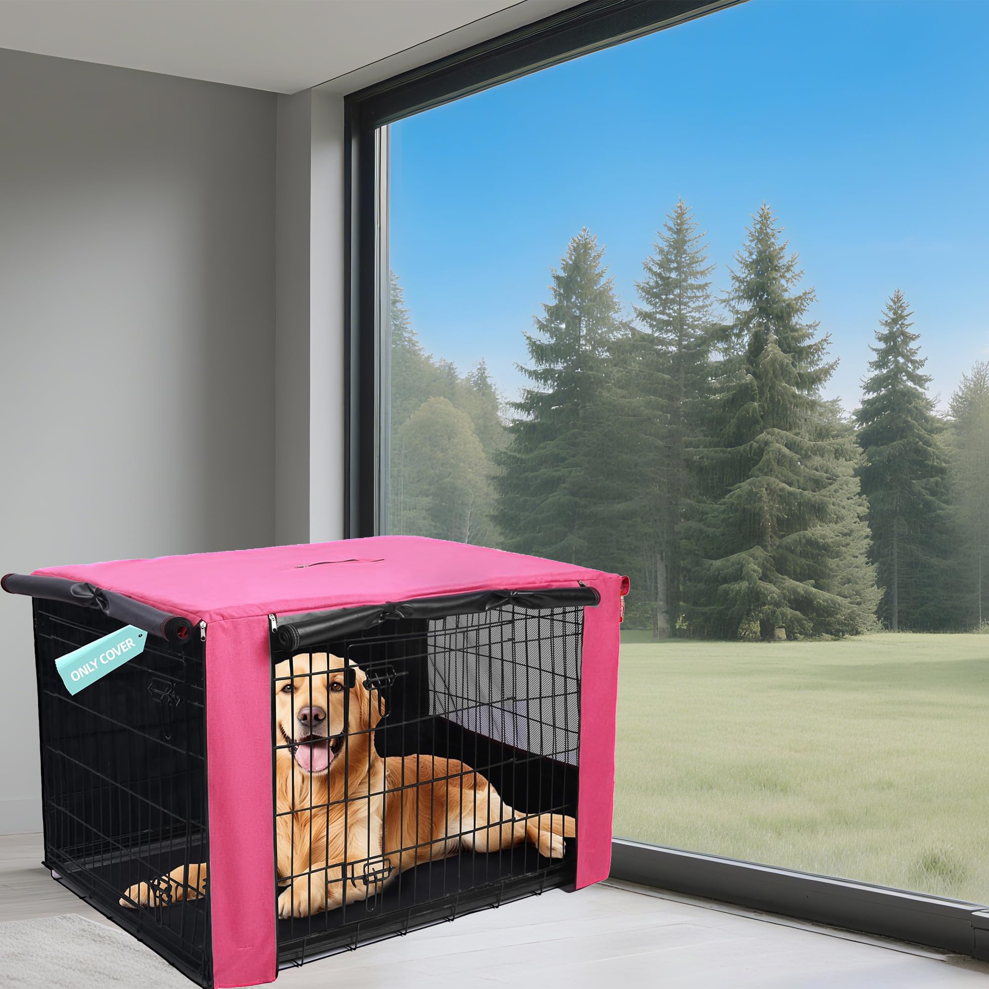 HiCaptain Breathable Dog Crate Cover 48 Inch, Durable Heavy Duty Kennel Cover, Dual Zippered Panels, Windproof Waterproof UV-Resistant(Pink)