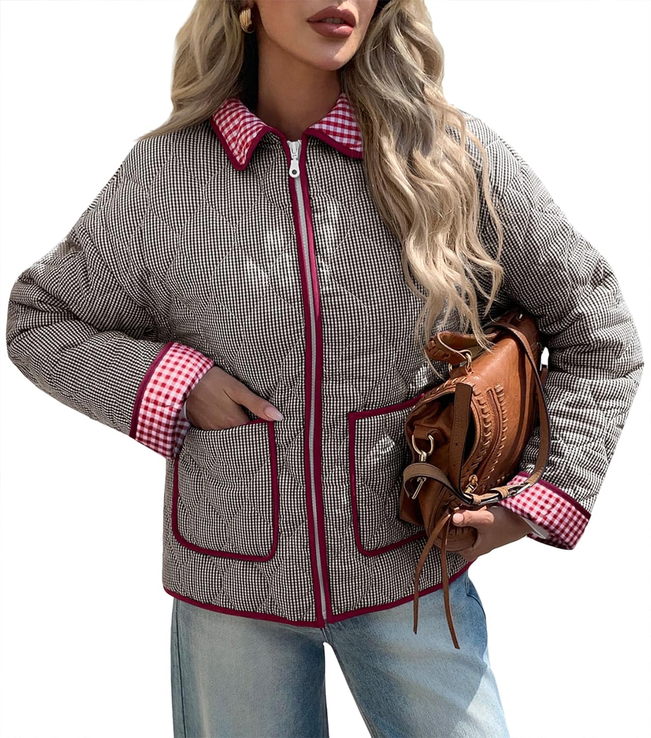 Tankaneo Womens Cropped Quilted Jackets Plaid Lightweight Full Zip Up Jacket Puffer Padded Coat with Pockets