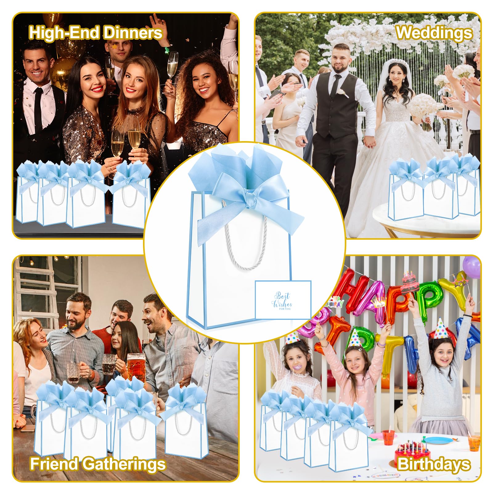 Ethhqu 12 Pack Small Gift Bags with Handles Include Tissue Papers & Cards, 9x7x3.15'' Thank You Gift Bags for Birthday, Baby Shower, Wedding, Bridesmaids, Anniversary, Mother’s Day (White and Blue)