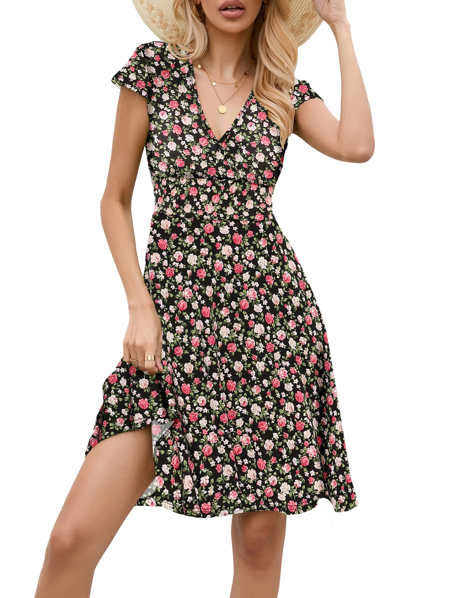 Zeagoo - Abito da donna con scollo a V, elegante, a maniche corte, per il tempo libero, in jersey, lunghezza al ginocchio