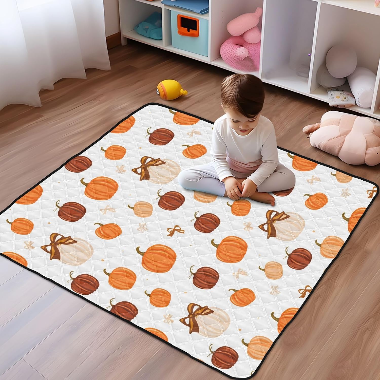 Doodle Colored Pumpkins Baby Play Mat, 50“ X 50” Washable Folding Crawling Mat, Baby Floor Mat, Soft, Non-Slip