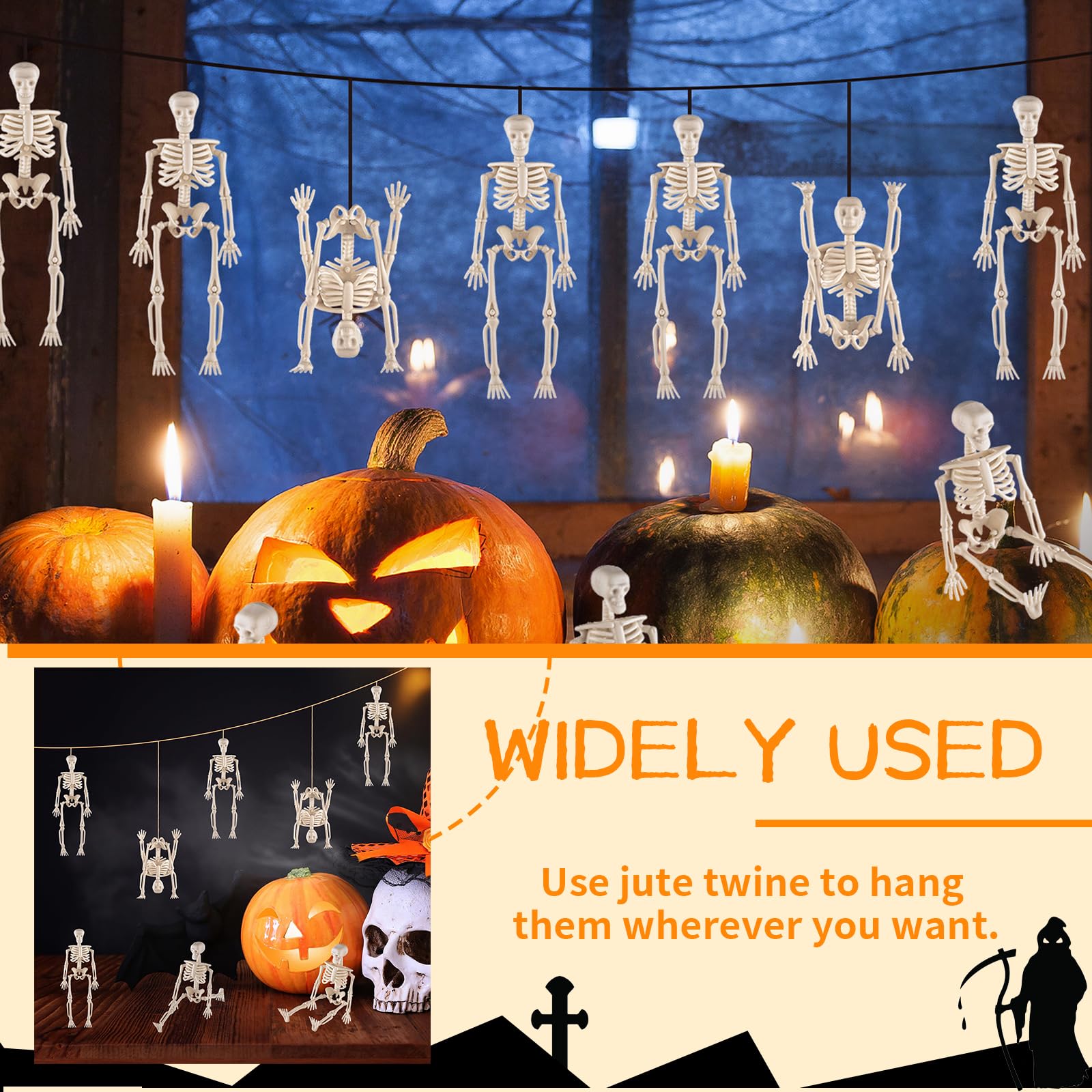 Hebterrka 8 sztuk dekoracyjnych mini szkieletowych figurek na Halloween, 15 cm, wysuwane plastikowe szkielety na straszną dekorację domu na Halloween, dekoracja domu duchów i prezenty na imprezę