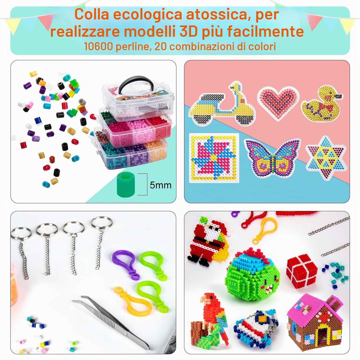 SLEMAKO Perline da Stirare, 10600 creativo Perline a Fusione con Custodia Trasparente, 6 Pegboard, Guida Utente, Set Creativo per Gioielli e Decorazioni Fai Da Te, 5MM Idea Regalo per Bambini e Natale