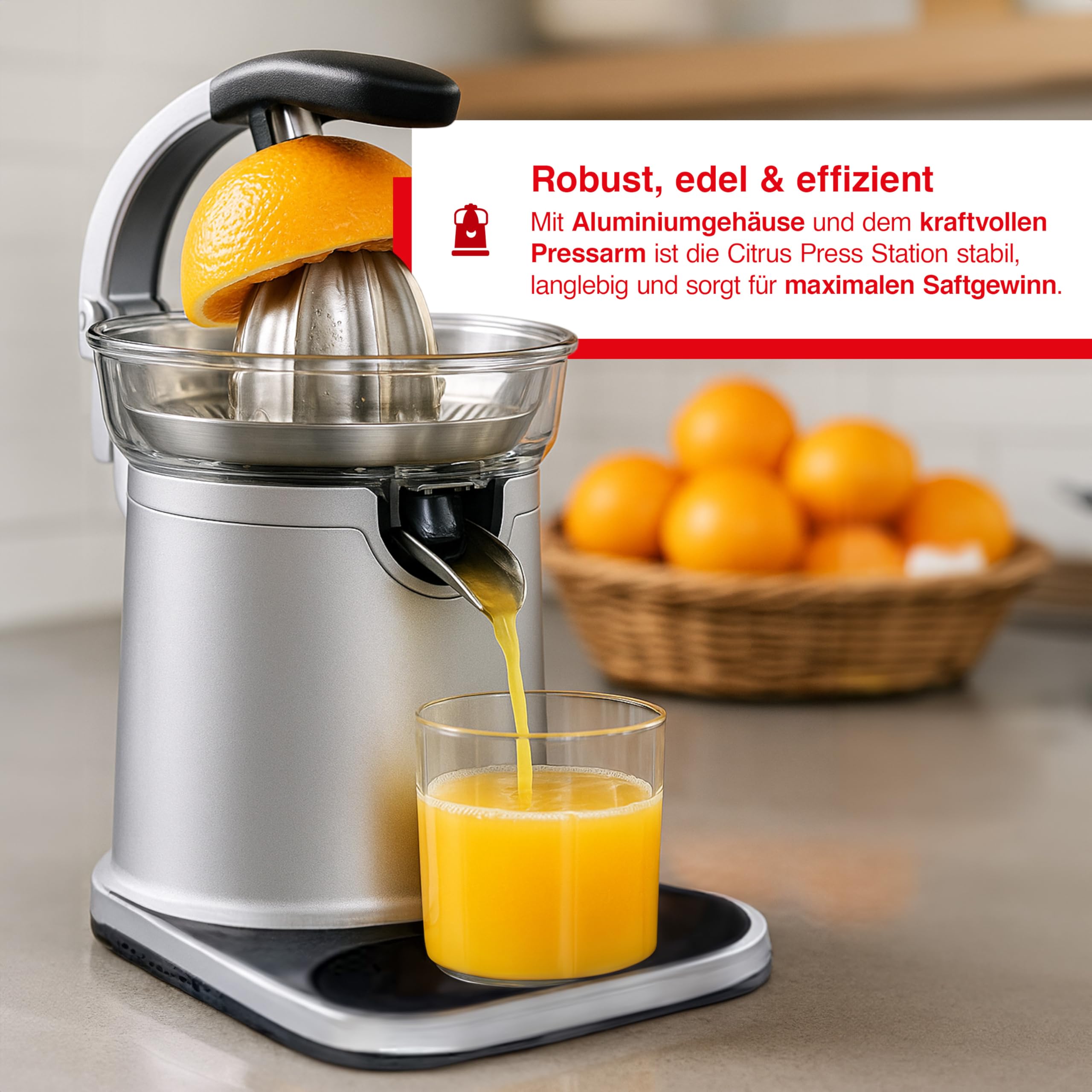 Solis Citrus Press Station 8454 Zitruspresse - Elektrischer Edelstahl Entsafter - Automatische Saftpresse - Spülmaschinenfest - Zitronenpresse | 230W, Edelstahlgehäuse, Presshebel mit 2 Sieben, Anti-Tropf-Funktion, BPA-frei spülmaschinenfest