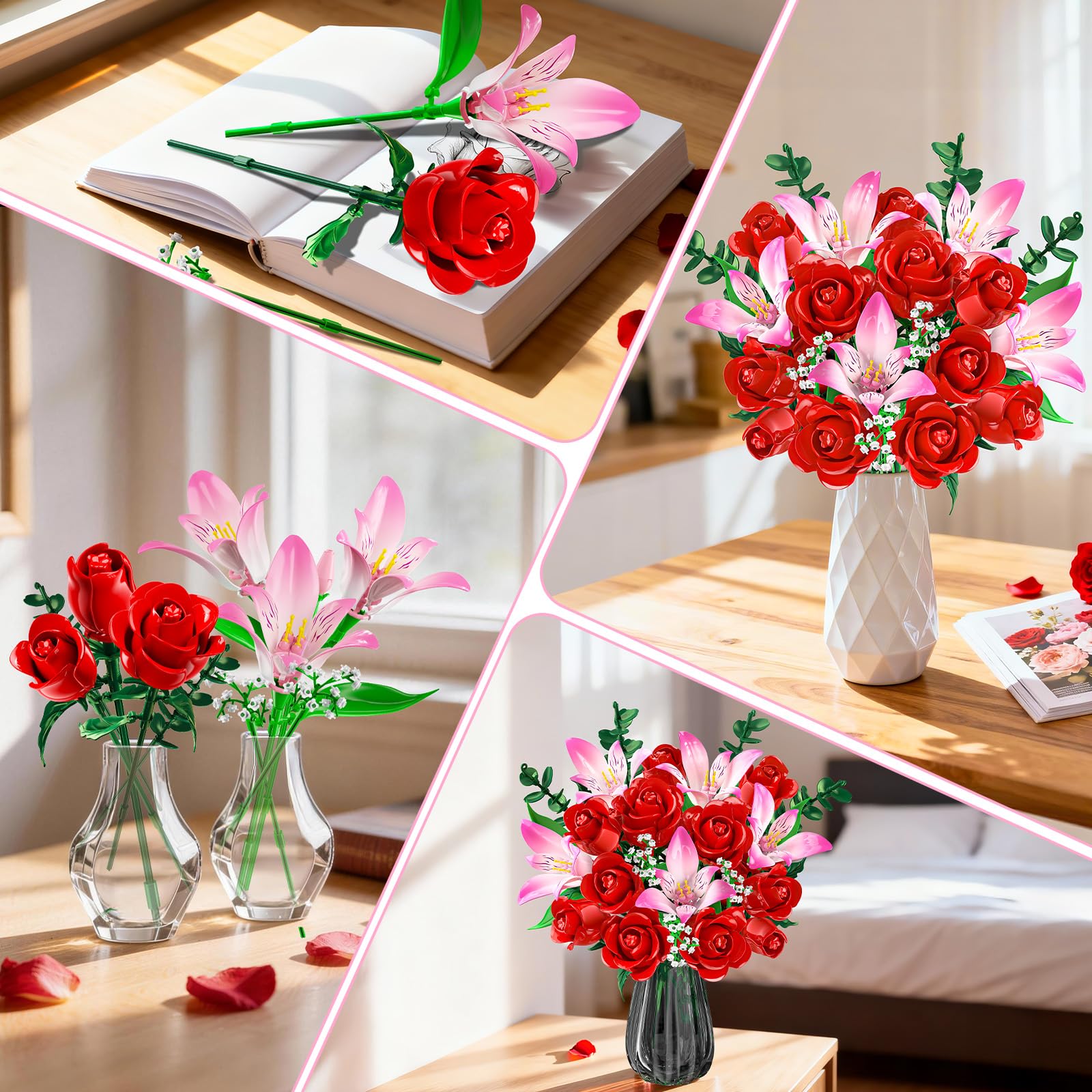 CUBIMANA Kit de Bouquet Fleurs avec LED - Roses Rouges et alstroemères Roses, Collection botanique 22 Fleurs artificielles, décoration Plante intérieure, Cadeau pour Femmes/Adultes