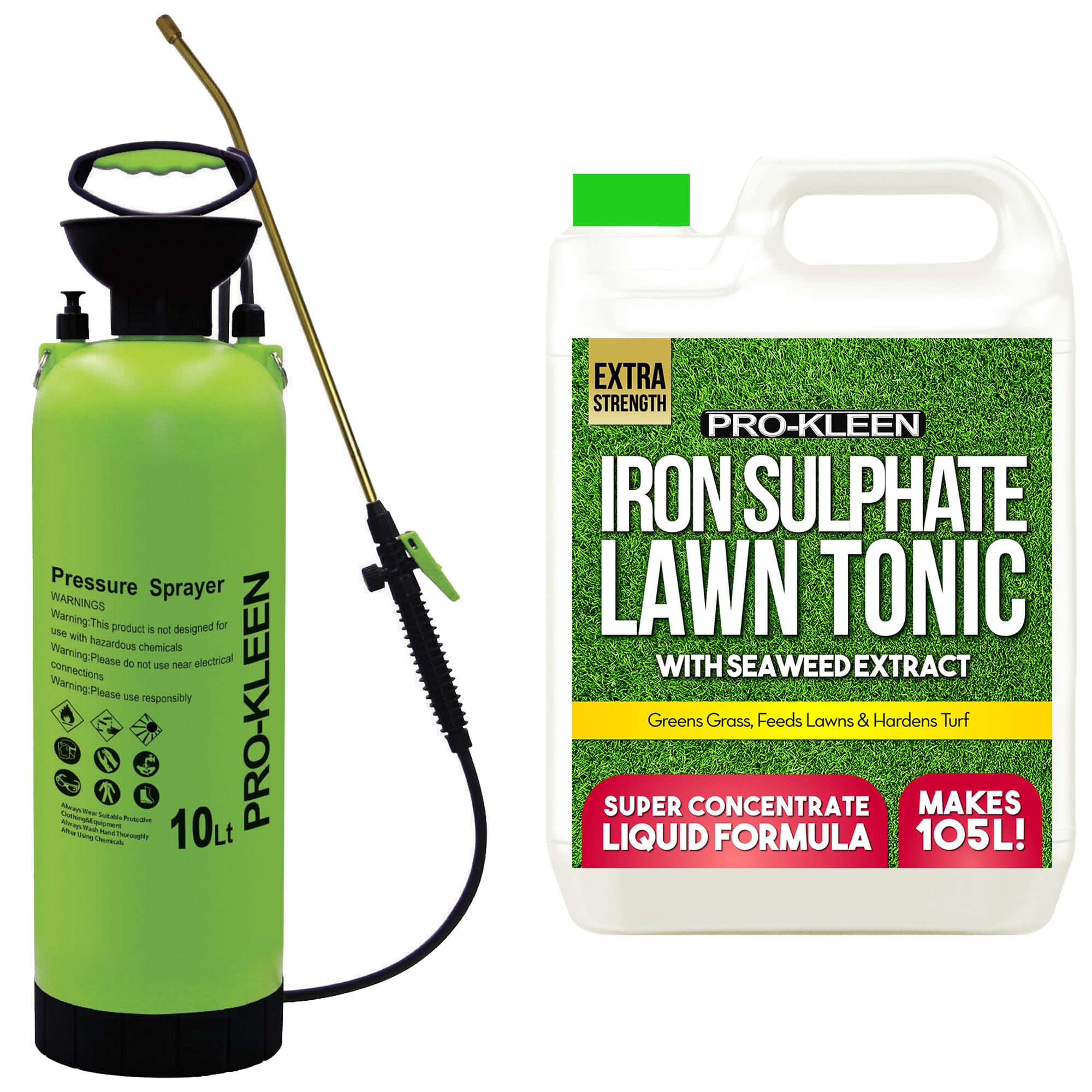 Pro-Kleen Liquid Iron Sulphate Ferrous Conditioner 5L - Fertiliser, Grass Greener & Turf Hardener with 10L Garden Pump Sprayer – Prevents Lawn Disease for Healthier Grass