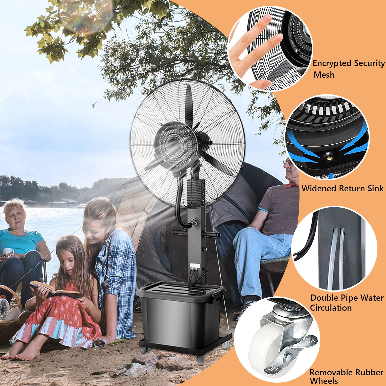 Ventilador industrial de pedestal, oscilante de 3 velocidades con tanque de agua grande, construcción de metal resistente para refrigeración comercial y de garaje