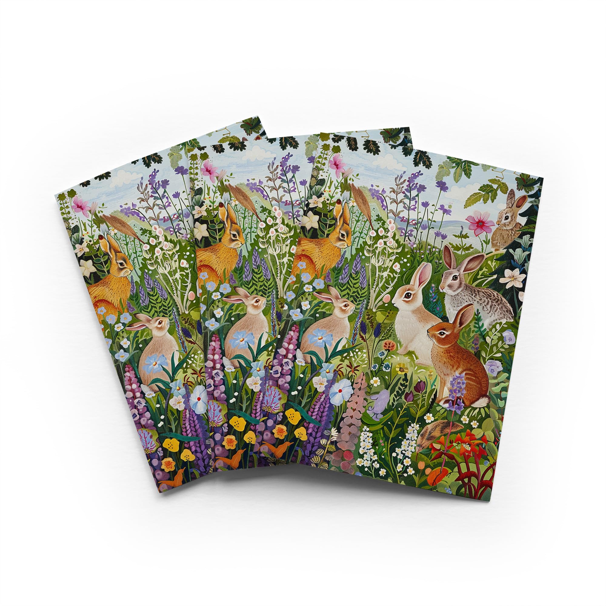 Cute Bunny Wildflower Meadow Greeting Card Woodland Animal Any Occasion Set of 3 Blank Inside 5x7 Inch 13x18 cm