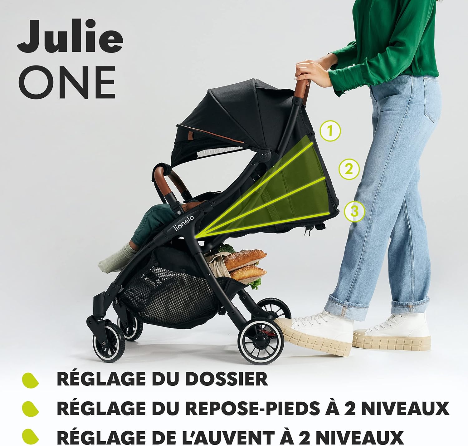 Close-up of stroller wheels with brake and dampسیستم ing