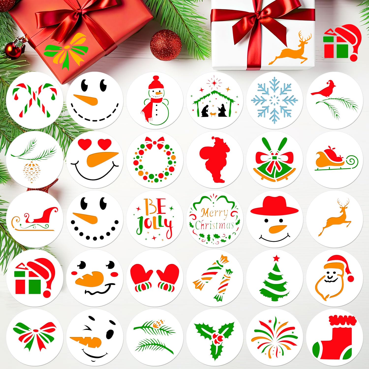Zayvor 30Pcs Reusable Christmas Snowman Face Stencils, 3x3 Inch for Painting on Wood or Card, DIY Ornaments & Decorating Kit
