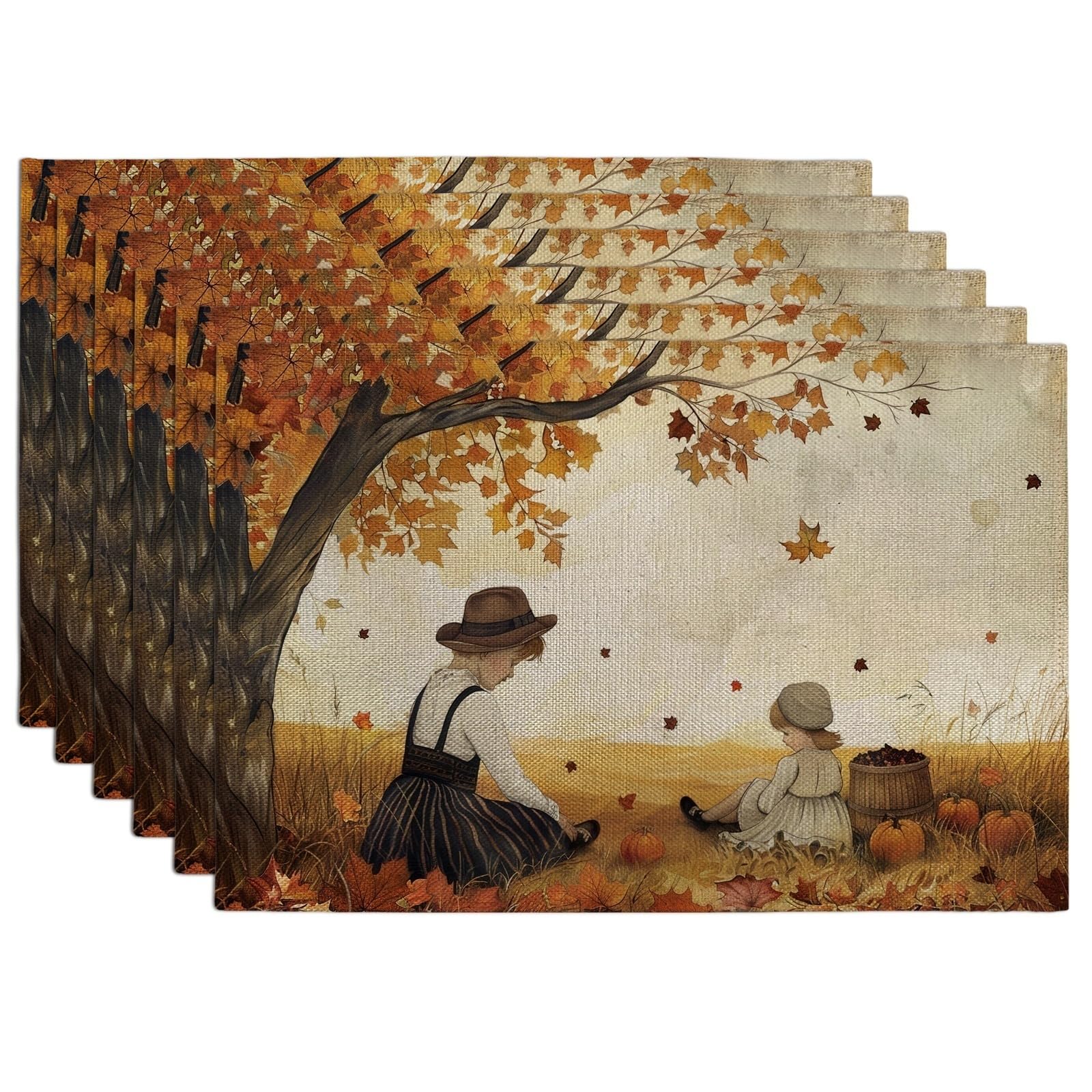 Autumn Harvest Maple Leaf Placemats, Orange Rustic Country Table Mats for Dining, Non-Slip Washable Indoor Outdoor Festive Decorative Placemat Set of 6