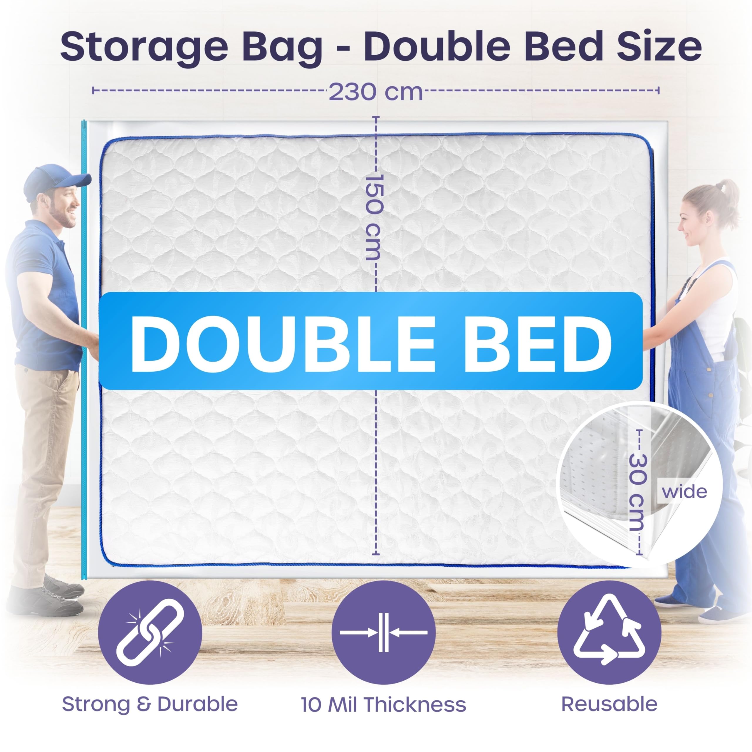 volila Double Mattress Storage Bag with Zipper, 1 Pack Waterproof Mattress Cover for Moving - Image 2