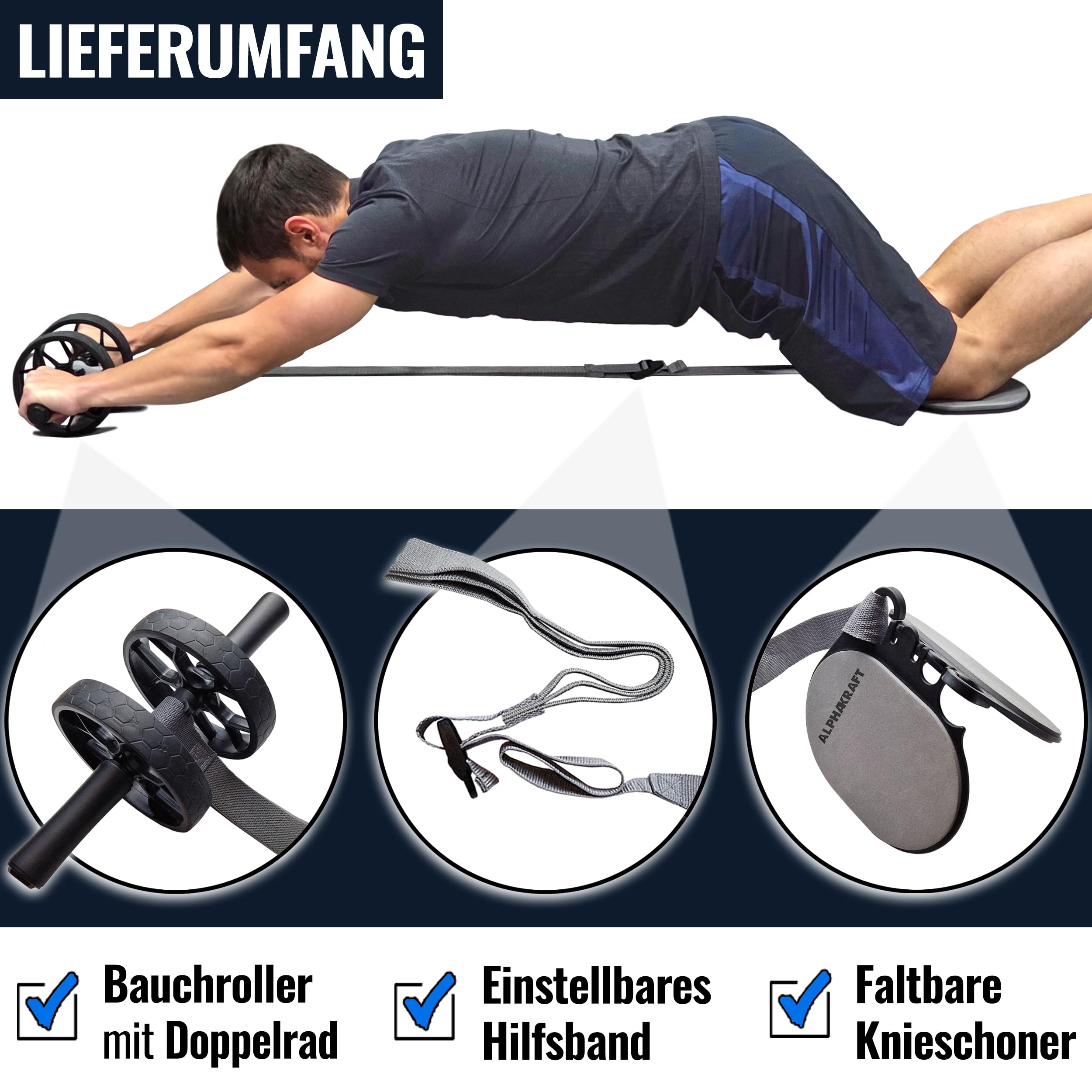 ALPHAKRAFT® Bauchroller mit Hilfsband & Knieschoner – AB Roller/AB Wheel | Bauchtrainer Roller für effektives Core-Training | Premium Bauchmuskeltrainer inkl. Trainingsplan