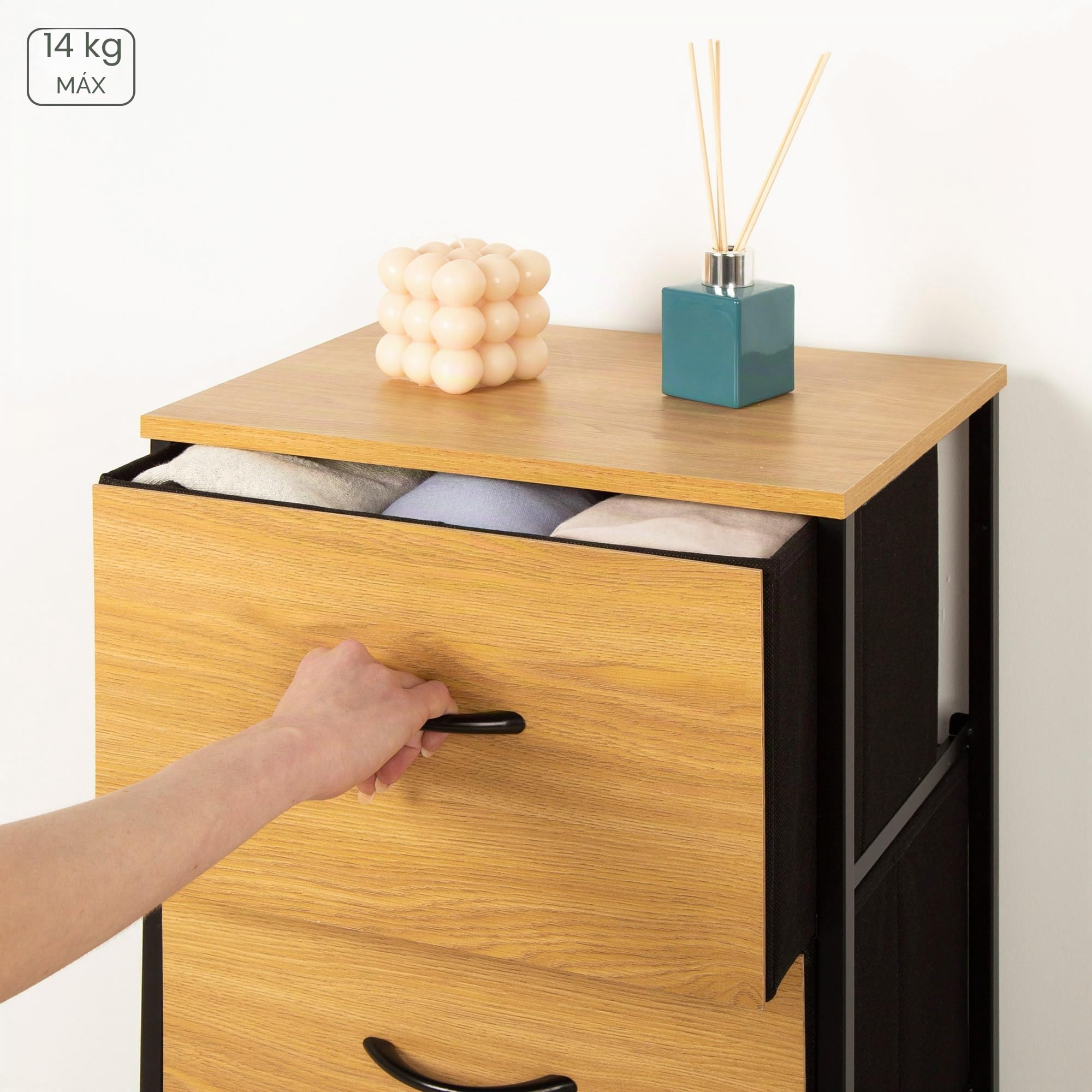 AKTIVE MAX Home Cómoda, 40x30x75 cm, Peso soportado 14 kg, 3 cajones, Madera y Tela, Estructura metálica, Efecto Roble, Cajonera Dormitorio, Muebles de salón (18444)