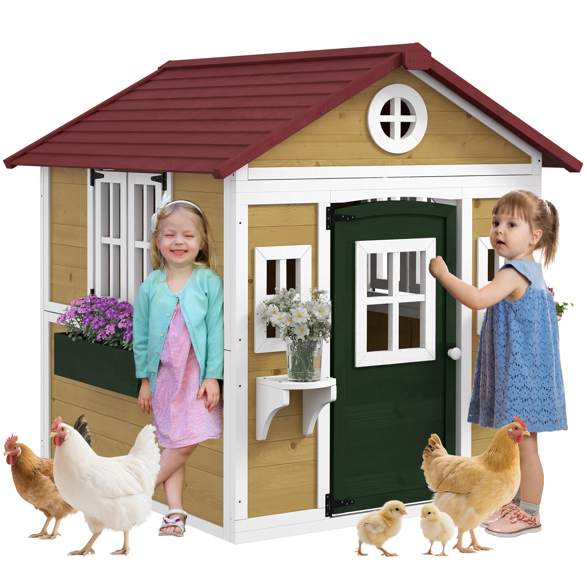 Outsunny Outdoor Kids Playhouse, Wooden Playhouse with Doors, Windows, Planter Pots and Boxes for Toddlers 3-8 Years, Cottage Play House for Backyard, DIY Chicken Coop, Beige