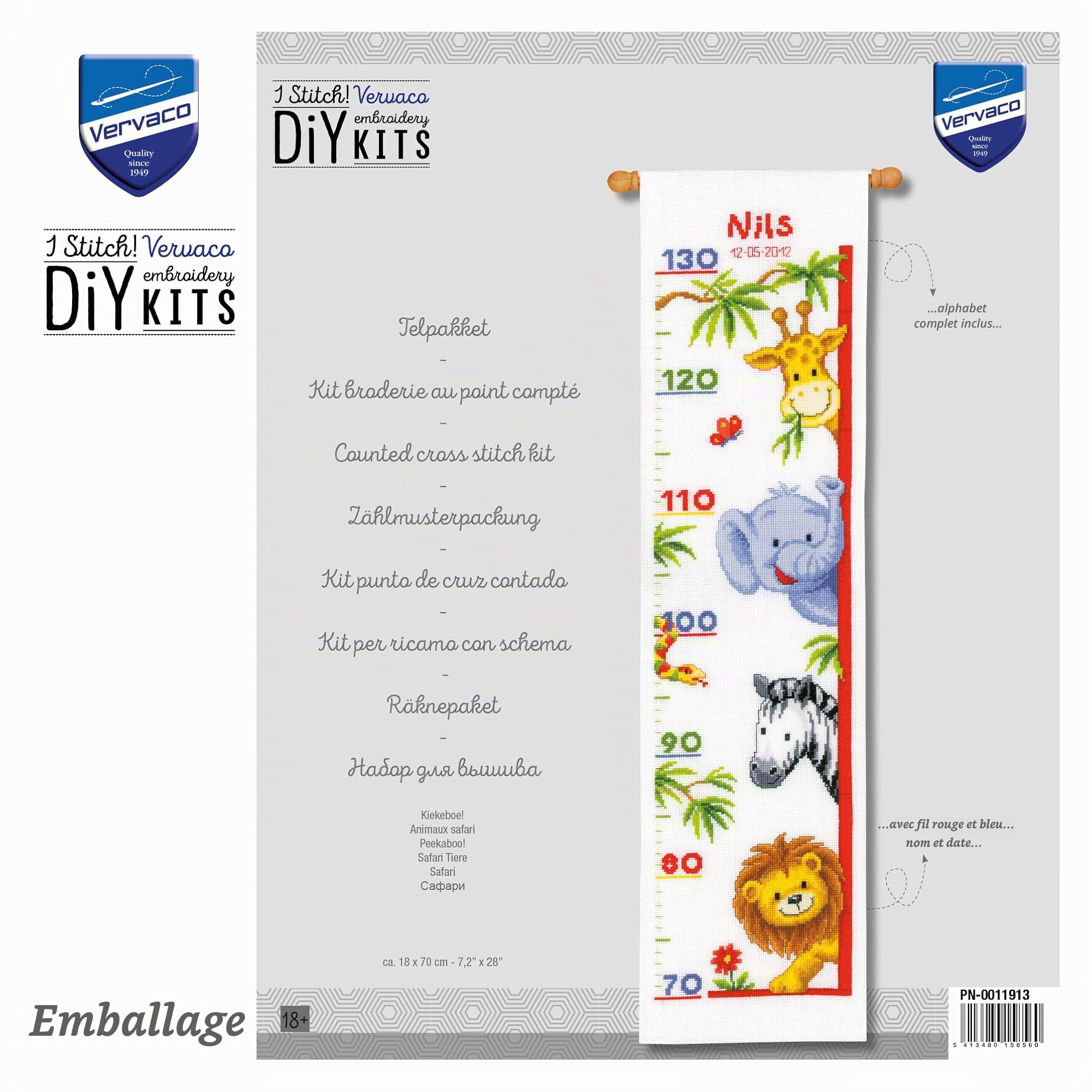 Vervaco Point De Croix Compté Kit DIY Cadeau Mesure De La Hauteur Enfant COUCOU Tableau Complet Kit De Broderie Loisir Créatif Maison Décoration ca. 18 x 70 cm Cross Stitch Height Chart