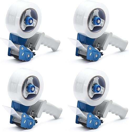 Pacific Mailer - Pistola dispensadora de cinta de embalaje (4 paquetes), dispensador de pistola de cinta de 2 pulgadas con cinta de embalaje de