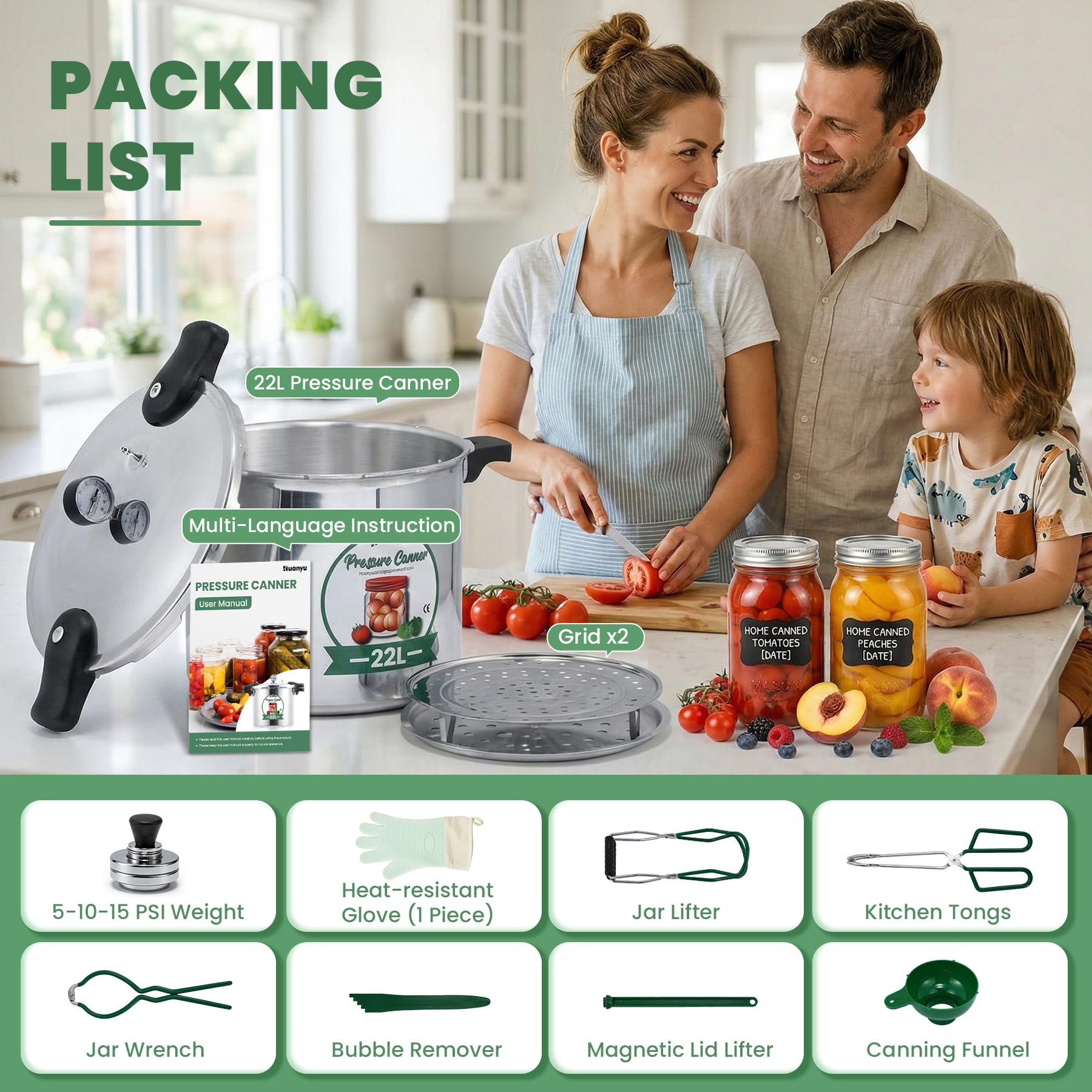 Huanyu Autocuiseur de 22 litres avec poids de pression (5-10-15 PSI) et base en alliage, compatible avec les autocuiseurs multifonctions à induction et les autocuiseurs traditionnels