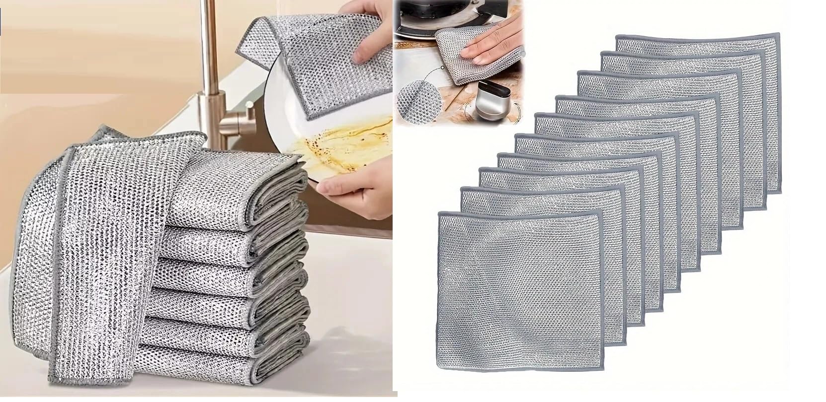 (Pack of 10) Non Scratch Wire Dishcloth, Multipurpose Wire Dishwashing Rags for Wet and Dry, Reusable Stainless Steel Cleaning Cloth, Kitchen Metal Dish Cloths for Washing Dishes Sinks,Stove Top